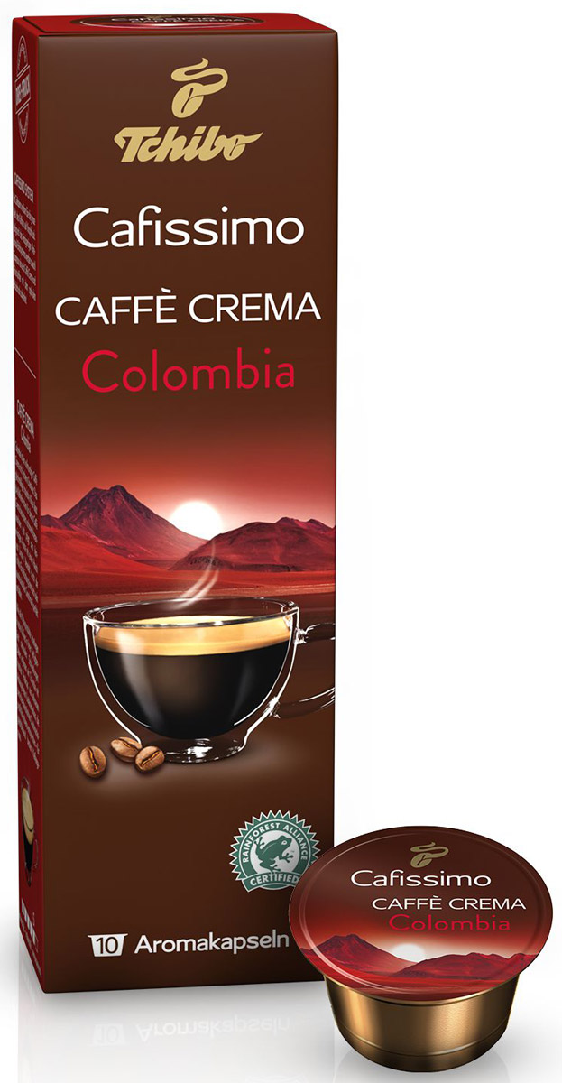 Cafissimo Cafе Crema Colombia кофе в капсулах, 10 шт465452 Cafissimo Cafе Crema Colombia кофе в капсулах, 10 шт465452Cafissimo Cafе Crema Colombia познакомит вас с изысканным кофе, собранным на превосходных кофейных плантациях. Каждая кофейная капсула Tchibo содержит гармоничную композицию из лучших зерен Arabica, которые медленно вызревали на солнечных полях. Тщательно отобранные профессионалами и прошедшие индивидуальную обжарку зерна Tchibo идеально раскрывают для вас насыщенный аромат и изысканно-пряный вкус кофе.