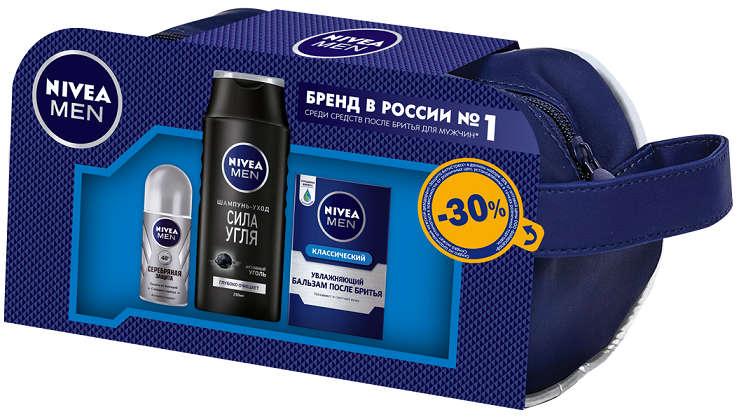 Nivea Подарочный набор в косметичке Дезодорант шарик Серебряная защита 50мл и Бальзам после бритья Увлажняющий Классический 100мл+Шампунь Сила Угля250мл10057499673 Nivea Подарочный набор в косметичке Дезодорант шарик Серебряная защита 50мл и Бальзам после бритья Увлажняющий Классический 100мл+Шампунь Сила Угля250мл10057499673Набор Классический от Nivea - богатое содержание и превосходные составляющие: дезодорант-антиперспирант для мужчин СЕРЕБРЯНАЯ ЗАЩИТА с молекулами серебра (современный мужской аромат) + шампунь СИЛА УГЛЯ (глубоко очищает волосы благодаря формуле с активным углем и одновременно заботится о волосах и коже головы, придавая им здоровый и ухоженный вид) и бальзам после бритьяКлассический (легкая формула с увлажняющими компонентами, витамином Е и алоэ вера мгновенно снимает дискомфортные ощущения после бритья, восстанавливает, надолго увлажняет и питает кожу).