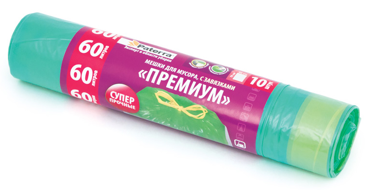Мешки для мусора Paterra Premium, с завязками, цвет: зеленый, 60 л, 10 шт106-008 Мешки для мусора Paterra Premium, с завязками, цвет: зеленый, 60 л, 10 шт106-008Мешки Paterra Premium, выполненные из высокопрочного и эластичного полиэтилена, обеспечат чистоту и гигиену в квартире. Они удобны для сбора и утилизации мусора, занимают мало места, практичны в использовании. Широко применяются в быту и на производстве. Благодаря прочным завязкам изделия удобны в переноске и предотвращают распространение неприятного запаха. Количество: 10 шт.