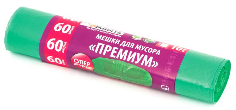 Мешки для мусора Paterra Premium, цвет: зеленый, 60 л, 10 шт106-011 Мешки для мусора Paterra Premium, цвет: зеленый, 60 л, 10 шт106-011Мешки Paterra, выполненные из высокопрочного и эластичного полиэтилена, обеспечат чистоту и гигиену в квартире. Они удобны для сбора и утилизации мусора, занимают мало места, практичны в использовании. Благодаря удобным размерам, мешки легко вкладываются в ведро. Количество: 10 шт.