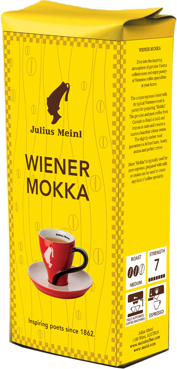 Julius Meinl Венский мокка кофе в зернах, 250 г84605 Julius Meinl Венский мокка кофе в зернах, 250 г84605Эта эспрессо-смесь классической венской обжарки идеально подходит для приготовления “Мокко”, напитка с яркими шоколадными нотами. Кофе, отобранный в регионе Серрадо (Бразилия), обладает насыщенным и интенсивным вкусом, который не оставит равнодушными тех, кто знает толк в кофе.