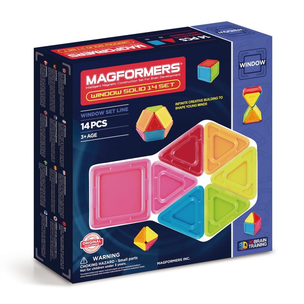 Magformers Магнитный конструктор Window Solid Set 14714005 Magformers Магнитный конструктор Window Solid Set 14714005Главная особенность набора Magformers Window Solid 14 Set — детали со сплошным непрозрачным центром В составе набора 14 деталей из непрозрачного пластика ярких «карандашных» цветов, которые так нравятся малышам. В комплект входит 8 квадратов, 6 треугольников и яркая, хорошо иллюстрированная книга идей. Magformers Window Solid 14 Set можно использовать с имеющимися в наличии наборами magformers. С их помощью можно построить пол в многоэтажном доме, или днище автомобиля и звездолета.