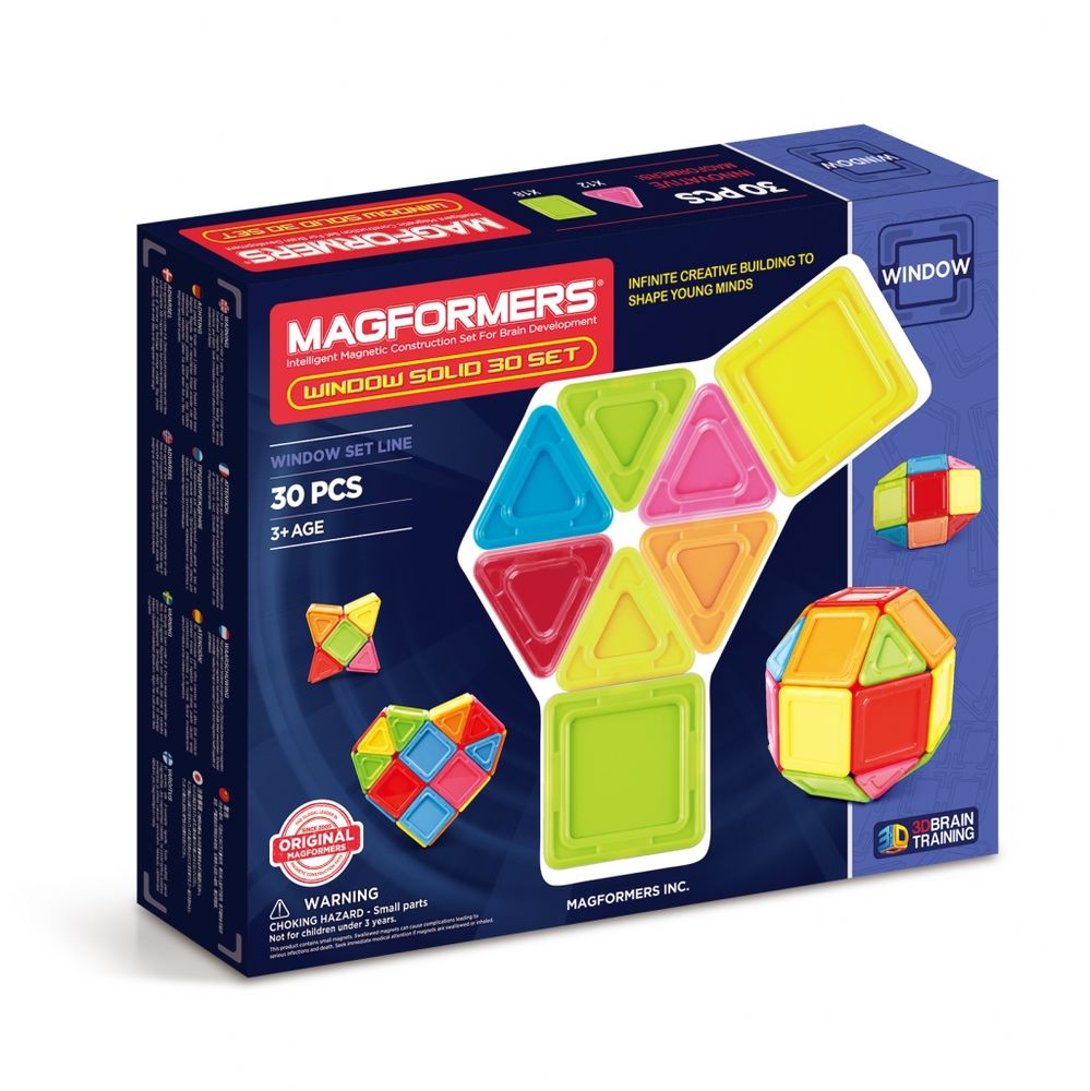 Magformers Магнитный конструктор Window Solid Set 30714006 Magformers Магнитный конструктор Window Solid Set 30714006Главная особенность набора Magformers Window Solid 30 Set — детали со сплошным непрозрачным центром. Детали из непрозрачного пластика ярких, жизнерадостных цветов добавят постройкам объем и основательность. В комплект входит 30 деталей — 18 квадратов и 12 треугольников. Набор Magformers Window Solid 30 Set станет прекрасным дополнением к Вашей коллекции Магформерс.