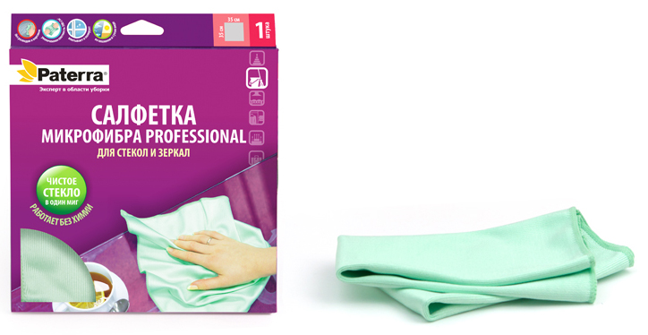 Салфетка для стекол Paterra Professional, 35 х 35 см406-011 Салфетка для стекол Paterra Professional, 35 х 35 см406-011Салфетка для стекол Paterra Professional подходит для очистки любых (даже жировых) загрязнений, благодаря профессиональному составу (70% полиэстера и 30% полиамида). Идеально полирует поверхность до блеска, удаляет следы от пальцев. Максимальная плотность салфетки (300 г/кв.м.) позволяет стирать ee до 2000 раз и использовать в течение 7-10 лет без потери прочности. После стирки грязной салфетки микрофибра становится стерильной и полностью восстанавливает свои свойства. Благодаря мягкости (за счет 30% полиамида), салфетка не оставляет царапин и следов на очищаемой поверхности. Имеет оптимальный для уборки размер. Салфетку можно использовать как в сухом, так и во влажном виде.