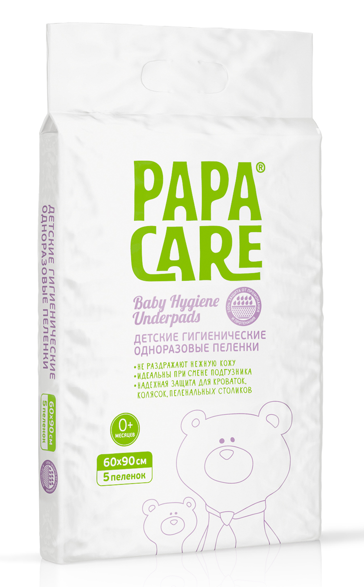 Papa Care Детские гигиенические одноразовые пеленки 60 х 90 см 5 штPC06-00070 Papa Care Детские гигиенические одноразовые пеленки 60 х 90 см 5 штPC06-00070Детские гигиенические одноразовые пеленки Papa Care надежно впитывают влагу и абсорбируют ее, защищая кожу ребенка от раздражения и опрелостей. Изделия не скатываются и не скользят. Пеленки выполнены из мягкого гипоаллергенного нетканого материала. Два дышащих бумажных слоя вокруг целлюлозы с абсорбентом быстро пропускают влагу в слой с гелем, оставляя кожу малыша сухой. Максимальная степень защиты от промокания (9 капель).