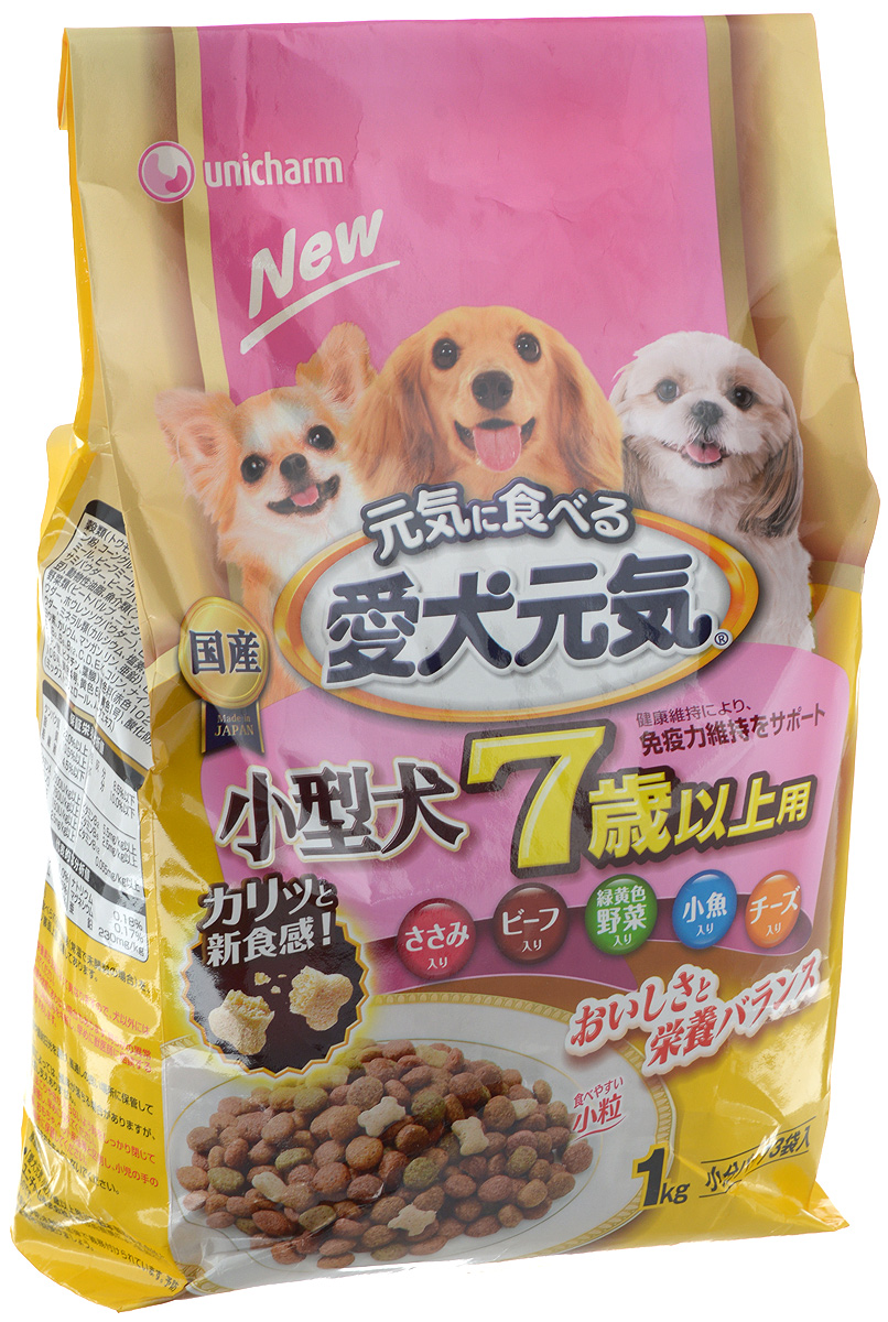 Корм сухой Unicharm Aiken Genki, для мелких пород старше 7 лет, с курицей, овощами, мелкой рыбой и сыром, 1 кг615737 Корм сухой Unicharm Aiken Genki, для мелких пород старше 7 лет, с курицей, овощами, мелкой рыбой и сыром, 1 кг615737Unicharm Aiken Genki - это хорошо сбалансированный сухой корм для собак мелких пород старше 7 лет. Содержит все необходимые витамины и минералы для поддержания здоровья вашего питомца. Крокеты имеют малый размер, чтобы собака легко смогла их разжевать. Продукт содержит витамины группы В, витамины С и Е, которые в сочетании с белком укрепляют иммунитет и помогают противостоять инфекциям. Пониженное содержание жира и соли облегчает нагрузку на печень и почки. Корм легко усваивается, содержит питательные волокна для улучшения пищеварения и стабилизации стула собак. Жирные кислоты Омега-6 и Омега-3 обеспечивают здоровое состояние кожи и шерсти вашего питомца. Товар сертифицирован.