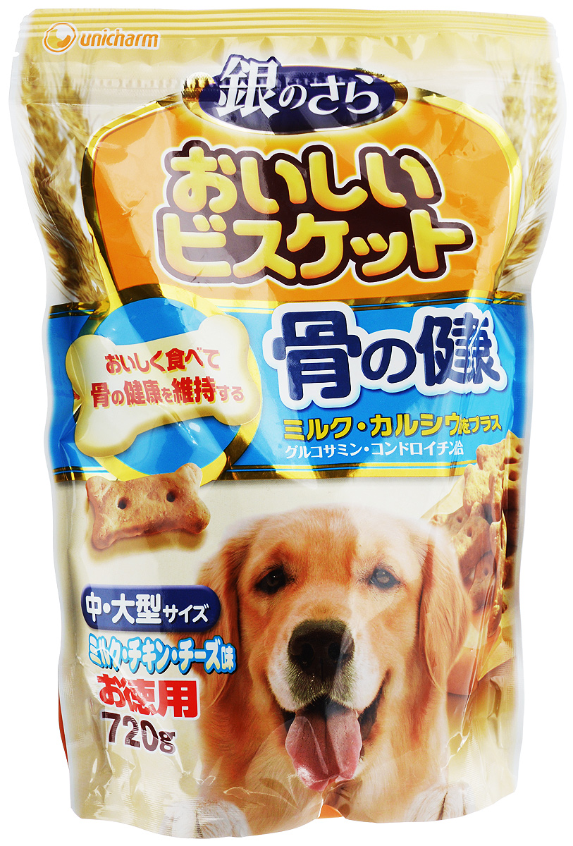 Лакомство Unicharm Delicious Biscuits, для собак крупных пород, печенье с кальцием и молоком, 720 г603581 Лакомство Unicharm Delicious Biscuits, для собак крупных пород, печенье с кальцием и молоком, 720 г603581Ароматное печенье Unicharm Delicious Biscuits со вкусом молока, курицы и сыра - это полезное лакомство в виде косточек для крупных собак. В состав печенья входят важнейшие витамины и минералы, а также кальций и фосфор, необходимые для здоровья костей и зубов собаки. Сочетание глюкозамина и хондроитина обеспечивает здоровое состояние тазобедренных суставов, что немаловажно для собак мелких пород. Печенье Delicious Biscuits - это залог хорошего аппетита и отличного самочувствия вашей собаки. Товар сертифицирован.