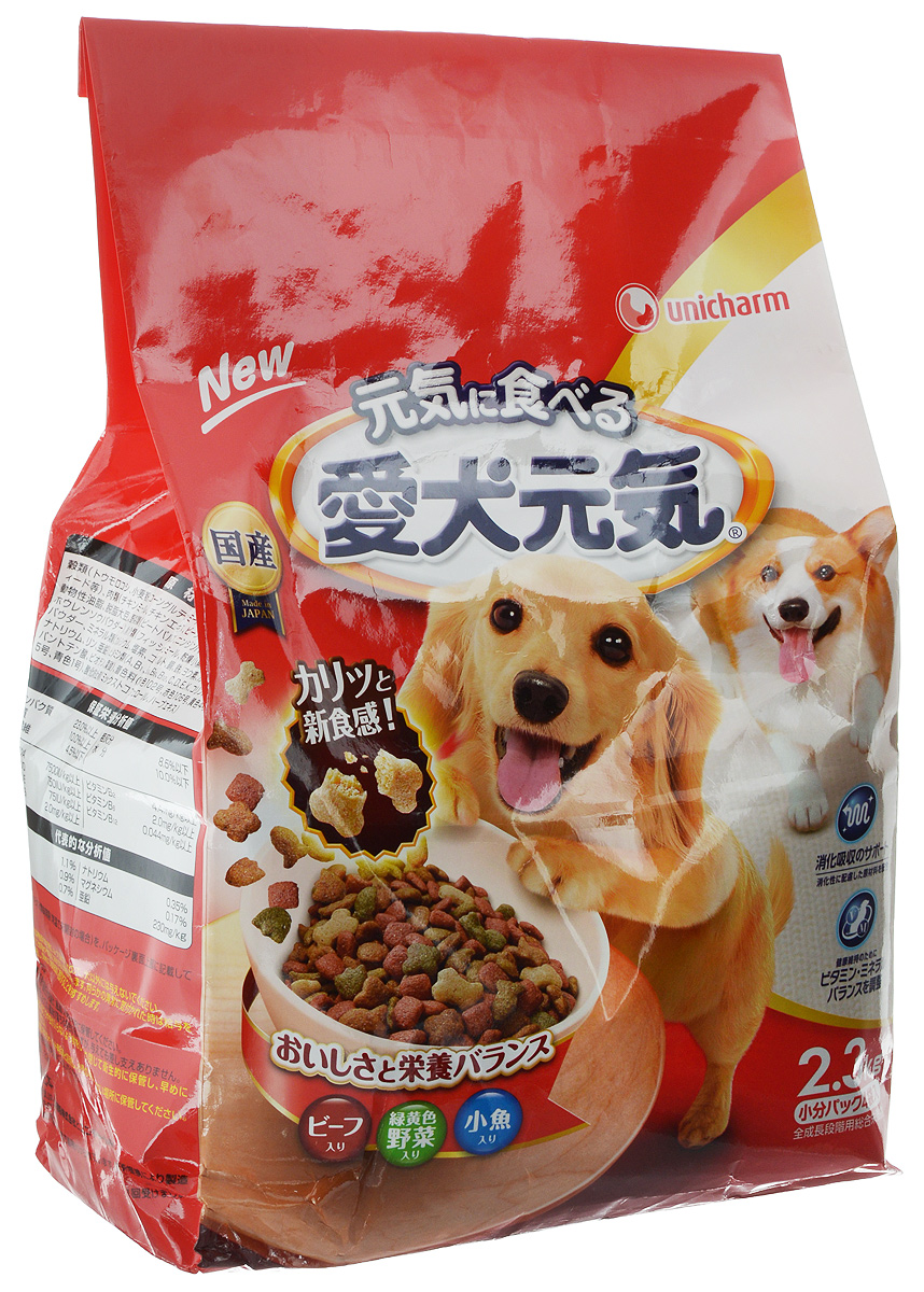 Корм сухой Unicharm Aiken Genki, для собак, с говядиной, овощами и мелкой рыбой, 2,3 кг682890 Корм сухой Unicharm Aiken Genki, для собак, с говядиной, овощами и мелкой рыбой, 2,3 кг682890Сбалансированный сухой корм для собак Unicharm Aiken Genki со вкусом говядины, овощей и рыбы обеспечивает полнорационное питание вашему любимцу. Корм изготовлен из ингредиентов высокого качества, отличается гармоничным сочетанием питательных веществ и микроэлементов, содержит белок и кальций, необходимые на всех стадиях роста собаки. Благодаря особой рецептуре продукт легко усваивается, позволяя питомцу получить витамины и минералы, а также фосфор, играющие важную роль в поддерживании здоровья костей и зубов собаки. В состав корма входят пищевые волокна, которые нормализуют работу кишечника и способствуют улучшению пищеварения. Товар сертифицирован.