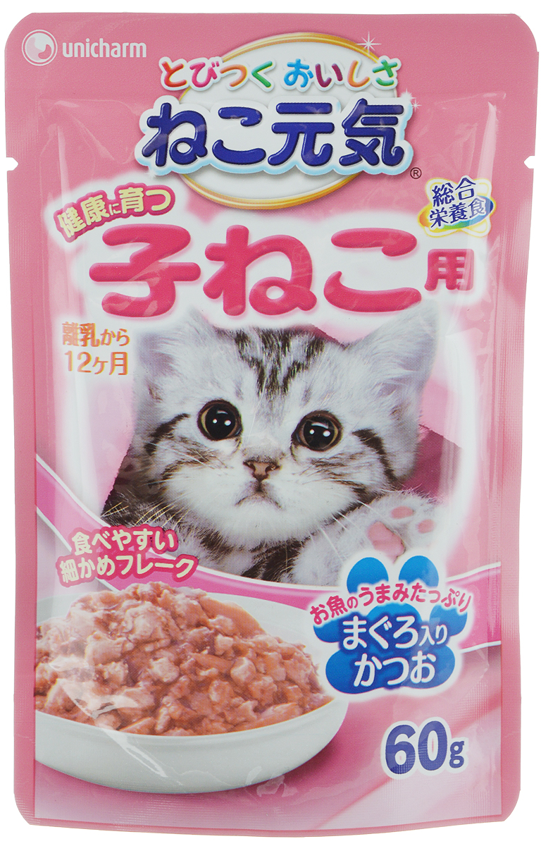 Консервы Unicharm Neko Genki, для котят до 12 месяцев, с тунцом и скумбрией, 60 г638460 Консервы Unicharm Neko Genki, для котят до 12 месяцев, с тунцом и скумбрией, 60 г638460Сбалансированный влажный корм Unicharm Neko Genki - это комплексное питание для котят до 12 месяцев. Аппетитные кусочки со вкусом тунца и скумбрии полностью удовлетворяют повышенные потребности котенка в энергии, легко разжевываются и хорошо усваиваются. Белая рыба богата белком и кальцием, необходимыми для формирования костей, зубов и когтей маленького питомца. Корм содержит важную для кошек аминокислоту таурин, который обеспечивает полноценное развитие и рост котенка. Товар сертифицирован.