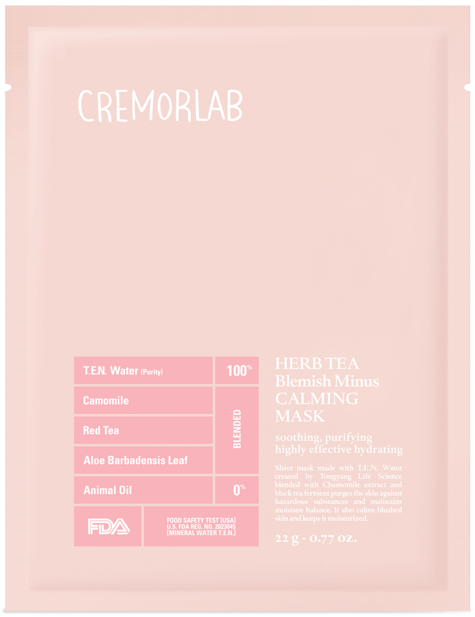 Cremorlab Herb Tea Blemish Minus Calming Mask / Маска успокаивающая с экстрактами ромашки и чая 1 шт61508 Cremorlab Herb Tea Blemish Minus Calming Mask / Маска успокаивающая с экстрактами ромашки и чая 1 шт61508Маска, изготовленная из 100% натуральных экологически чистых волокон. Комплекс растительных компонентов маски с успокаивающим, антибактериальным, противовоспалительным эффектом быстро и без раздражения успокаивает даже чувствительную кожу. Материал и высокая концентрация высокоэффективных ингредиентов способствует прекрасному усвоению кожей активных веществ маски при минимальной аллергенности. Является антиоксидантом, глубоко увлажняет кожу, нейтрализует действие свободных радикалов. Не содержит парабенов, гипоаллергенна. Подходит для всех типов и состояний кожи. Объем: 1 штука - 25 грамм