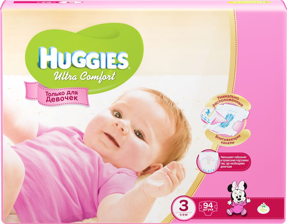 Huggies Подгузники для девочек Ultra Comfort 5-9 кг (размер 3) 94 шт9402346 Huggies Подгузники для девочек Ultra Comfort 5-9 кг (размер 3) 94 шт9402346Подгузники №1 по комфорту. Подгузники Huggies Ultra Comfort созданы специально для мальчиков и для девочек - чтобы им было удобно и комфортно в любой ситуации. Преимущества: Уникально расположенные впитывающие каналы быстро распределяют жидкость для уменьшения набухания и провисания подгузника там, где необходимо мальчикам - ближе к животику. Уникальный впитывающий слой быстро впитывает и расположен там, где необходимо мальчикам. Яркие герои Disney - два замечательных дизайна Disney в каждой упаковке, где от размера к размеру Baby-Miсkey растет вместе с малышом. Анатомическая форма подгузника между ножками для лучшего ощущения комфорта. Эластичный поясок и эластичные застежки для комфортного прилегания.