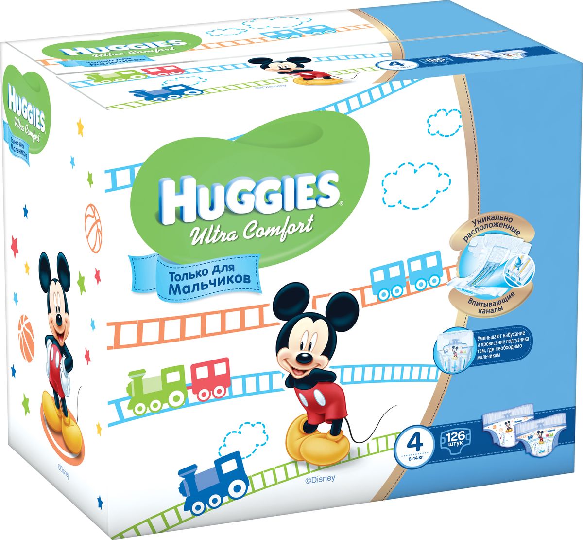 Huggies Подгузники для мальчиков Ultra Comfort 8-14 кг (размер 4) 126 шт9402385 Huggies Подгузники для мальчиков Ultra Comfort 8-14 кг (размер 4) 126 шт9402385Подгузники №1 по комфорту. Подгузники Huggies Ultra Comfort созданы специально для мальчиков и для девочек - чтобы им было удобно и комфортно в любой ситуации. Преимущества: Уникально расположенные впитывающие каналы быстро распределяют жидкость для уменьшения набухания и провисания подгузника там, где необходимо мальчикам - ближе к животику. Уникальный впитывающий слой быстро впитывает и расположен там, где необходимо мальчикам. Яркие герои Disney - два замечательных дизайна Disney в каждой упаковке, где от размера к размеру Baby-Miсkey растет вместе с малышом. Анатомическая форма подгузника между ножками для лучшего ощущения комфорта. Эластичный поясок и эластичные застежки для комфортного прилегания.