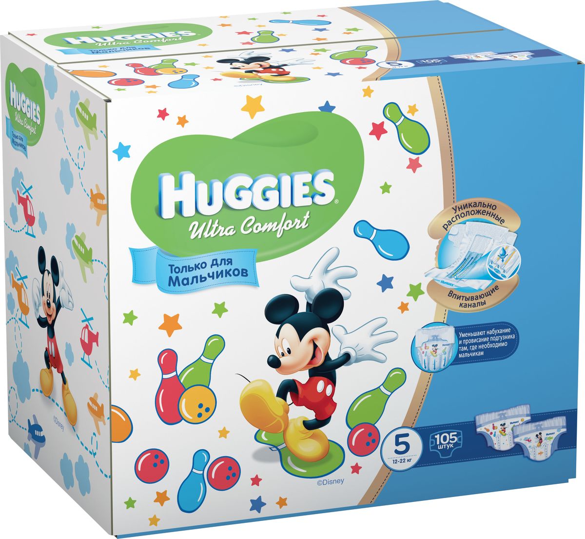 Huggies Подгузники для мальчиков Ultra Comfort 12-22 кг (размер 5) 105 шт9402055 Huggies Подгузники для мальчиков Ultra Comfort 12-22 кг (размер 5) 105 шт9402055Подгузники №1 по комфорту. Подгузники Huggies Ultra Comfort созданы специально для мальчиков и для девочек - чтобы им было удобно и комфортно в любой ситуации. Преимущества: Уникально расположенные впитывающие каналы быстро распределяют жидкость для уменьшения набухания и провисания подгузника там, где необходимо мальчикам - ближе к животику. Уникальный впитывающий слой быстро впитывает и расположен там, где необходимо мальчикам. Яркие герои Disney - два замечательных дизайна Disney в каждой упаковке, где от размера к размеру Baby-Miсkey растет вместе с малышом. Анатомическая форма подгузника между ножками для лучшего ощущения комфорта. Эластичный поясок и эластичные застежки для комфортного прилегания.