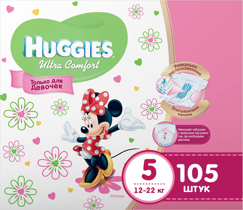 Huggies Подгузники для девочек Ultra Comfort 12-22 кг (размер 5) 105 шт9402056 Huggies Подгузники для девочек Ultra Comfort 12-22 кг (размер 5) 105 шт9402056Подгузники №1 по комфорту. Подгузники Huggies Ultra Comfort созданы специально для мальчиков и для девочек - чтобы им было удобно и комфортно в любой ситуации. Преимущества: Уникально расположенные впитывающие каналы быстро распределяют жидкость для уменьшения набухания и провисания подгузника там, где необходимо мальчикам - ближе к животику. Уникальный впитывающий слой быстро впитывает и расположен там, где необходимо мальчикам. Яркие герои Disney - два замечательных дизайна Disney в каждой упаковке, где от размера к размеру Baby-Miсkey растет вместе с малышом. Анатомическая форма подгузника между ножками для лучшего ощущения комфорта. Эластичный поясок и эластичные застежки для комфортного прилегания.