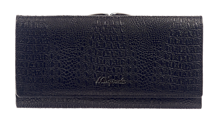 Кошелек женский Malgrado, цвет: черный. 72031-3-820172031-3-8201D Black Кошелек женский Malgrado, цвет: черный. 72031-3-820172031-3-8201D BlackСтильный кошелек Malgrado изготовлен из натуральной кожи черного цвета декоративным тиснением под рептилию и вмещает в себя купюры в развернутом виде в полную длину. Внутри расположены три отдела для купюр и один дополнительный карман на молнии, восемь отделений для дисконтных карт, визиток или кредиток, один прозрачный кармашек, в который можно положить пропуск, проездной документ или фотографию и дополнительный потайной карман. Снаружи расположен отдел для мелочи, который закрывается на рамочный замок. Закрывается кошелек клапаном на кнопку. Кошелек упакован в подарочную металлическую коробку с логотипом фирмы. Такой кошелек станет замечательным подарком человеку, ценящему качественные и практичные вещи. Характеристики: Материал: натуральная кожа, текстиль, металл. Размер кошелька: 18,5 см х 9,5 см х 3 см. Цвет: черный. Размер упаковки: 23 см х 13 см х 4,5 см. Артикул: 72031-3-8201D.