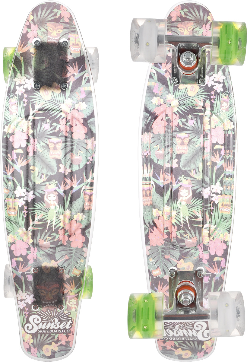 Скейтборд пластиковый Sunset Skateboards Mahalo, дека 56 х 15 смMAHALO GRIP Скейтборд пластиковый Sunset Skateboards Mahalo, дека 56 х 15 смMAHALO GRIPКрасивый и функциональный пластборд Sunset Skateboards Mahalo, изготовленный из прочного поликарбоната (PC), отлично сочетается со светящимися колесами Flare LED. Верхняя часть деки покрыта нескользящим слоем. Стильный днем и ночью, он создан для того, чтобы производить впечатление на окружающих. Пластборд сочетает в себе высокую прочность поликарбоната, который используют для производства бронестекол, гибкость и стабильность. Запатентованная формула с УФ-ингибиторами продлевает срок службы на открытом воздухе. Колеса выполнены из высококачественного полиуретана. Подходит для детей от 7 лет.