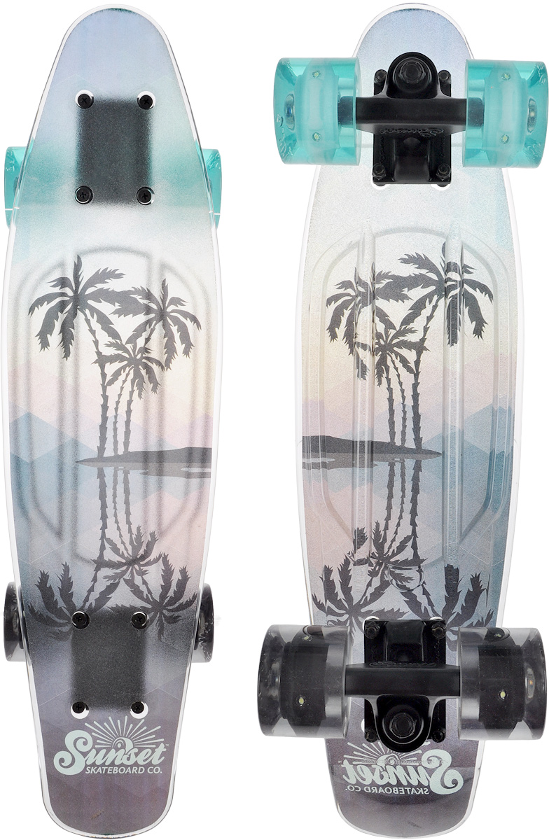 Скейтборд пластиковый Sunset Skateboards Tres Palms, дека 56 х 15 смTRES PALMS GRIP Скейтборд пластиковый Sunset Skateboards Tres Palms, дека 56 х 15 смTRES PALMS GRIPКрасивый и функциональный пластборд Sunset Skateboards Tres Palms, изготовленный из прочного поликарбоната (PC), отлично сочетается со светящимися колесами Flare LED. Верхняя часть деки покрыта нескользящим слоем. Стильный днем и ночью, он создан для того, чтобы производить впечатление на окружающих. Пластборд сочетает в себе высокую прочность поликарбоната, который используют для производства бронестекол, гибкость и стабильность. Запатентованная формула с УФ-ингибиторами продлевает срок службы на открытом воздухе. Колеса выполнены из высококачественного полиуретана. Подходит для детей от 7 лет.