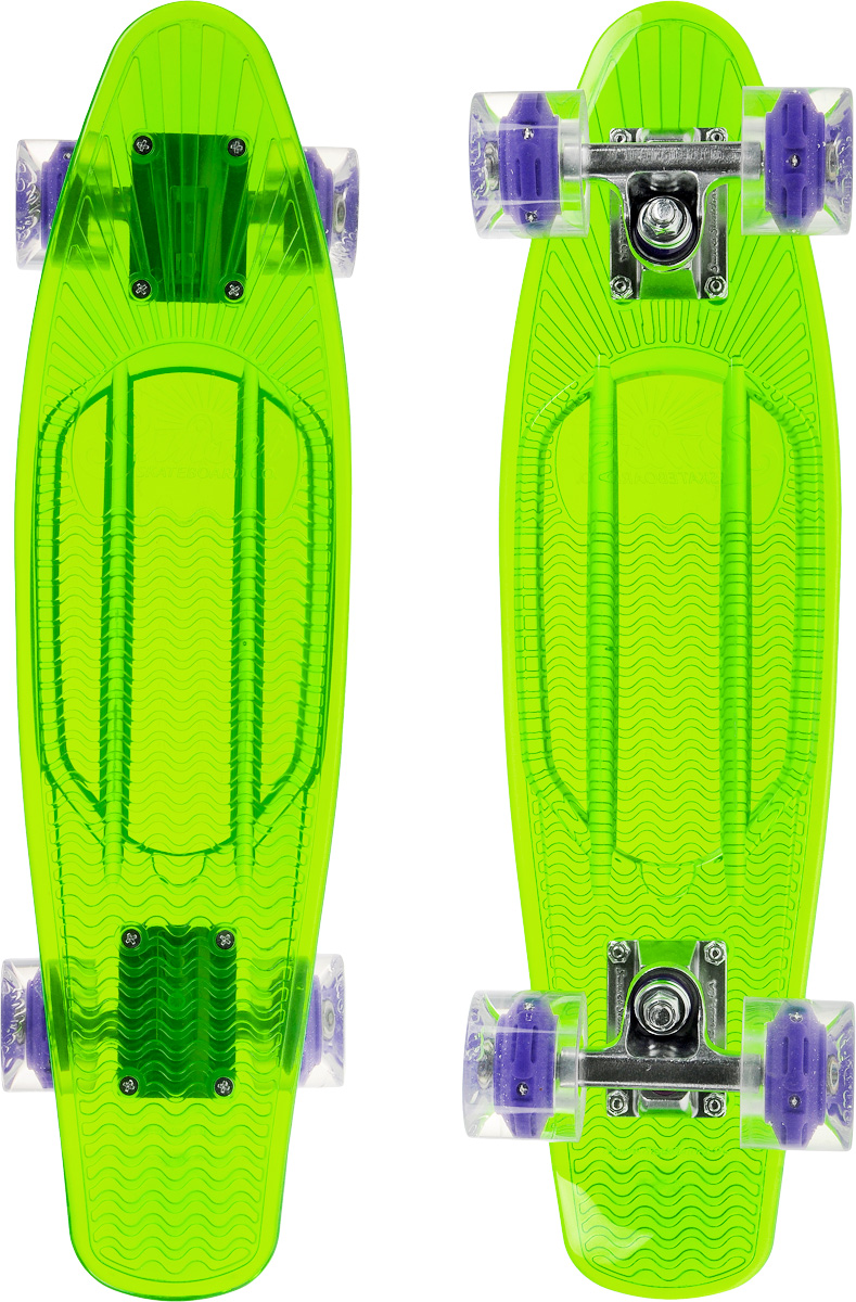 Скейтборд пластиковый Sunset Skateboards Alien, цвет: зеленый, прозрачный, дека 56 х 15 смBLACKLIGHT ALIEN Скейтборд пластиковый Sunset Skateboards Alien, цвет: зеленый, прозрачный, дека 56 х 15 смBLACKLIGHT ALIENКрасивый и функциональный пластборд Sunset Alien, изготовленный из прочного поликарбоната (PC), отлично сочетается со светящимися колесами Flare LED. Стильный днем и ночью, он создан для того, чтобы производить впечатление на окружающих. Пластборд сочетает в себе высокую прочность поликарбоната, который используют для производства бронестекол, гибкость и стабильность. Запатентованная формула с УФ-ингибиторами продлевает срок службы на открытом воздухе. Колеса выполнены из высококачественного полиуретана. Подходит для детей от 7 лет.
