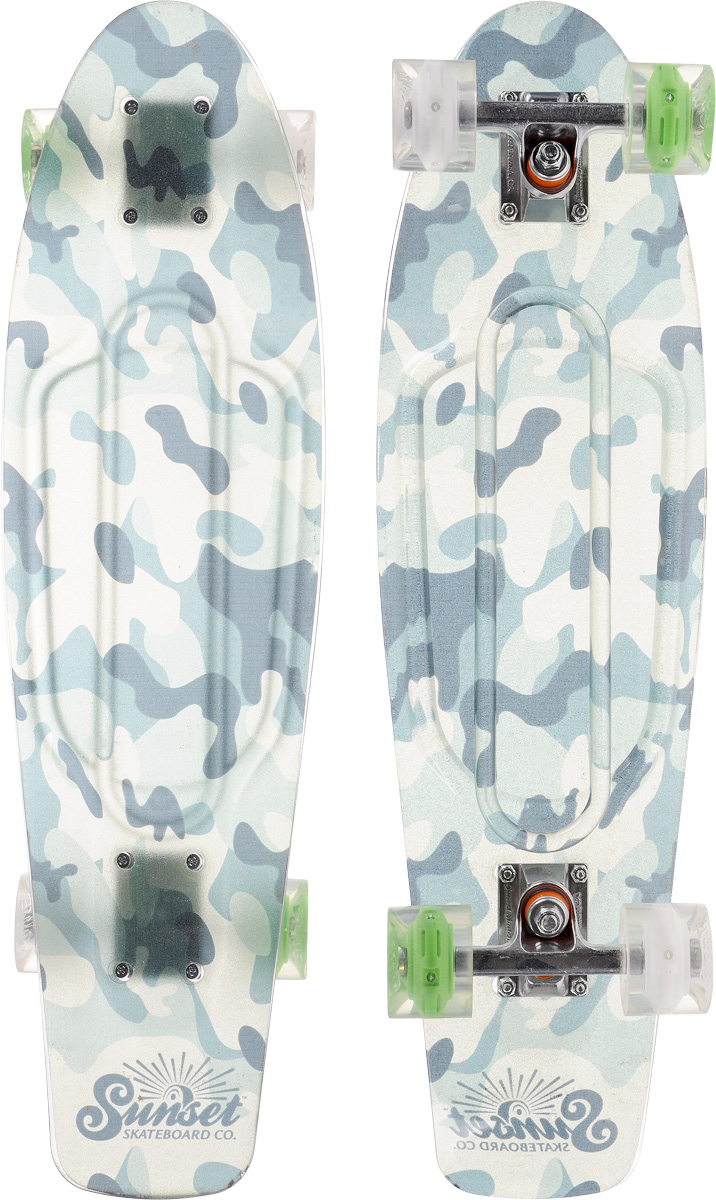 Скейтборд пластиковый Sunset Skateboards Camo, дека 68,5 х 19 смCAMO-Grip-W Скейтборд пластиковый Sunset Skateboards Camo, дека 68,5 х 19 смCAMO-Grip-WКрасивый и функциональный пластборд Sunset Skateboards Camo, изготовленный из прочного поликарбоната (PC), отлично сочетается со светящимися колесами Flare LED. Верхняя часть деки покрыта нескользящим слоем. Стильный днем и ночью, он создан для того, чтобы производить впечатление на окружающих. Пластборд сочетает в себе высокую прочность поликарбоната, который используют для производства бронестекол, гибкость и стабильность. Запатентованная формула с УФ-ингибиторами продлевает срок службы на открытом воздухе. Колеса выполнены из высококачественного полиуретана. Подходит для детей от 7 лет.