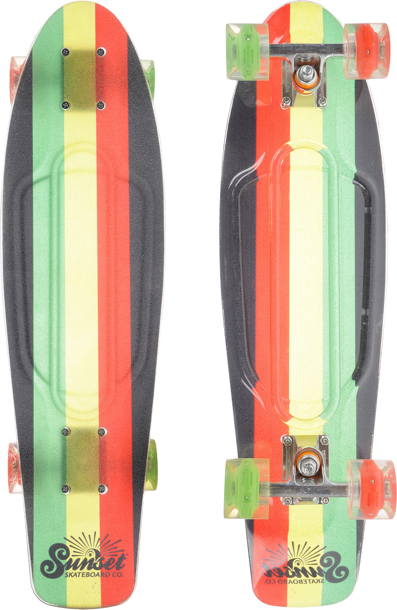 Скейтборд пластиковый Sunset Skateboards Rasta Grip, дека 68,5 х 19 смRASTA-Grip-R Скейтборд пластиковый Sunset Skateboards Rasta Grip, дека 68,5 х 19 смRASTA-Grip-RКрасивый и функциональный пластборд Sunset Skateboards Rasta Grip, изготовленный из прочного поликарбоната (PC), отлично сочетается со светящимися колесами Flare LED. Верхняя часть деки покрыта нескользящим слоем. Стильный днем и ночью, он создан для того, чтобы производить впечатление на окружающих. Пластборд сочетает в себе высокую прочность поликарбоната, который используют для производства бронестекол, гибкость и стабильность. Запатентованная формула с УФ-ингибиторами продлевает срок службы на открытом воздухе. Колеса выполнены из высококачественного полиуретана. Подходит для детей от 7 лет.