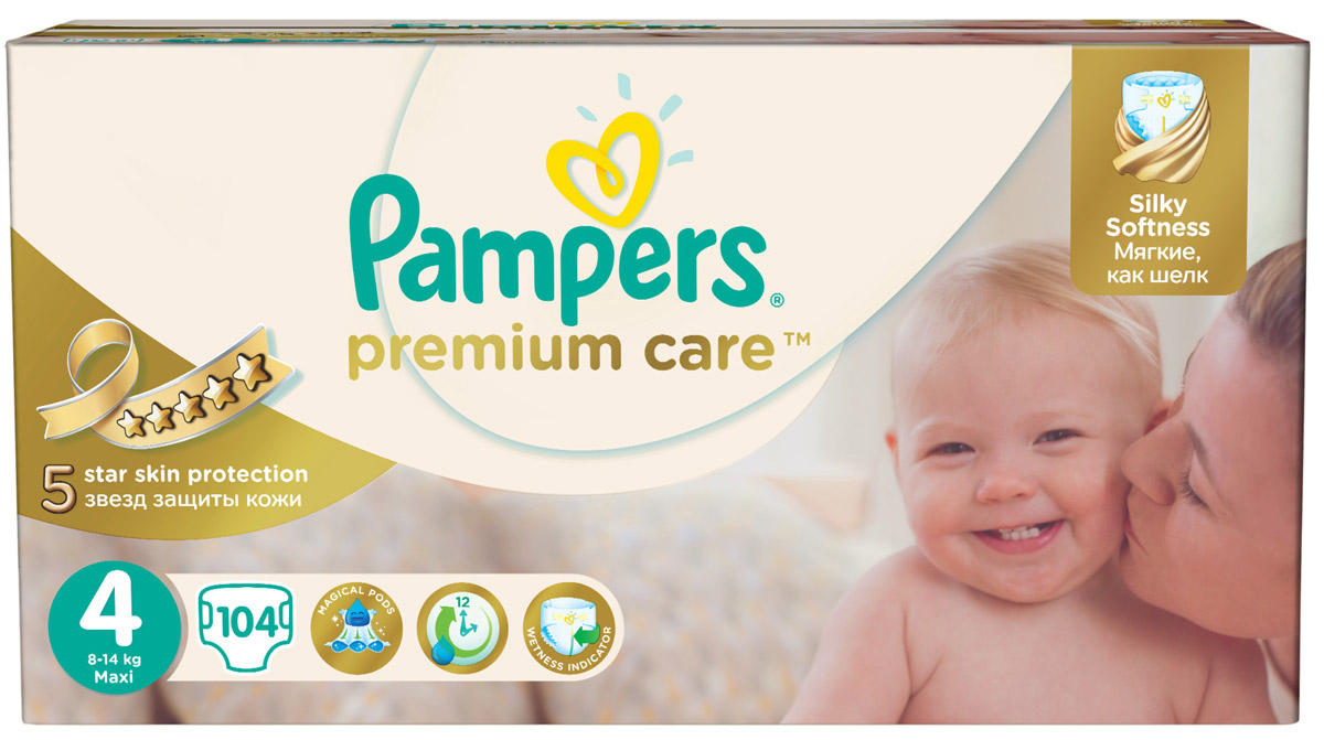 Pampers Подгузники Premium Care 8-14 кг (размер 4) 104 штPA-81407289 Pampers Подгузники Premium Care 8-14 кг (размер 4) 104 штPA-81407289Новые Pampers Premium Care - подгузники, которые обеспечивают защиту кожи 5 звезд и дарят непревзойденную мягкость шелка. Это первые и единственные подгузники с впитывающими каналами, обеспечивающими до 12 часов сухости. - Мягкие, как шелк, ведь нежная ромбовидная текстура внутреннего слоя создает ощущение первоклассной мягкости и воздушности. - Уникальная технология впитывающего слоя - три впитывающих канала - помогает равномерно распределять влагу по поверхности подгузника, обеспечивая сухость до 12 часов. - Дышащие материалы, благодаря которым внешний слой Premium Care обеспечивает естественную циркуляцию воздуха, снижая уровень испарений внутри подгузника, и, как следствие, уменьшая риск возникновения дерматита. - Индикатор влаги - специальная полоска, которая меняет желтый цвет на синий, - подсказывает, когда нужно сменить подгузник. - Эластичные тянущиеся боковинки для максимального комфорта и защиты от протекания. - Специальный вырез...