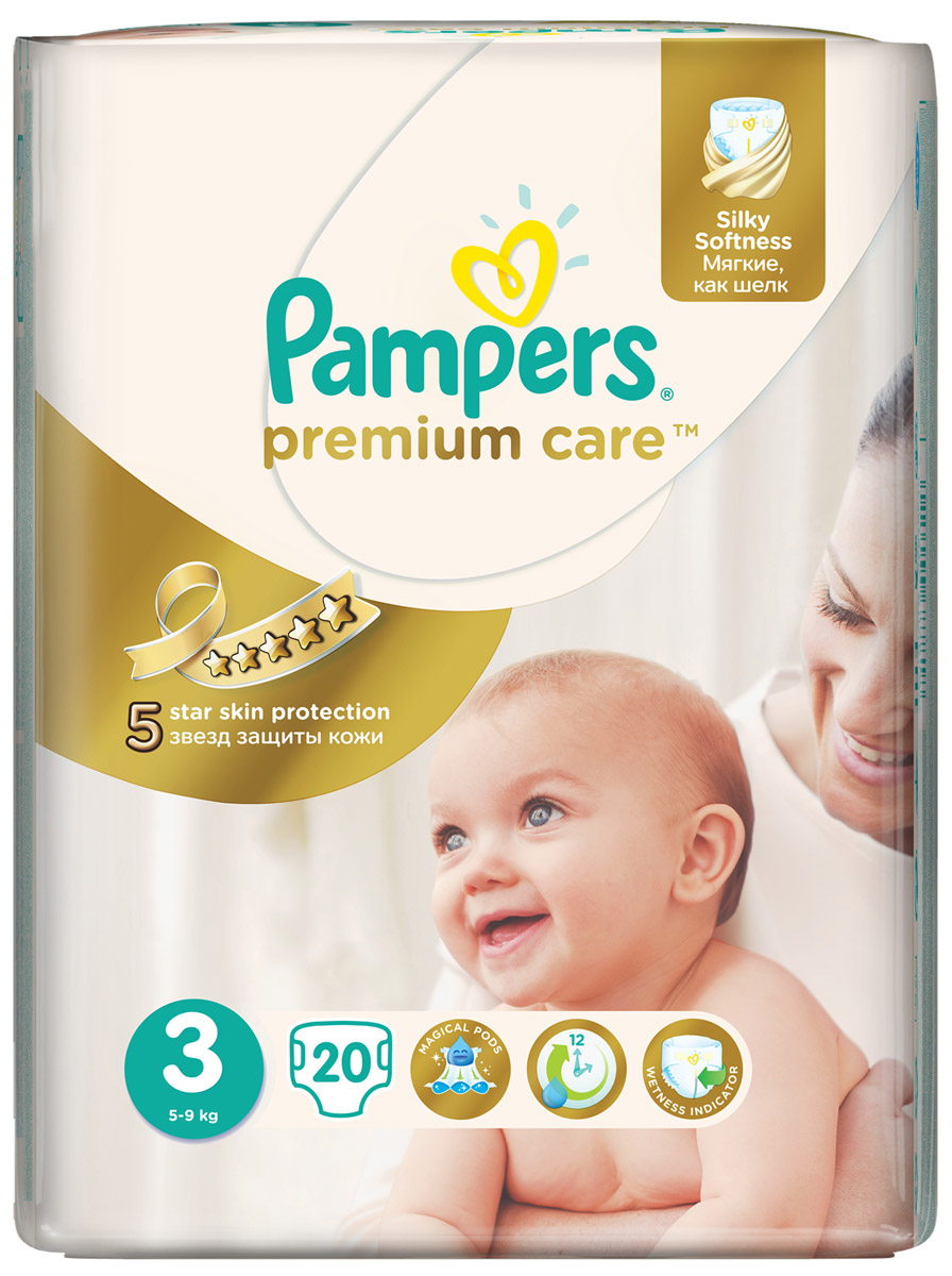 Pampers Подгузники Premium Care 5-9 кг (размер 3) 20 штPA-81532766 Pampers Подгузники Premium Care 5-9 кг (размер 3) 20 штPA-81532766Новые Pampers Premium Care - подгузники, которые обеспечивают защиту кожи 5 звезд и дарят непревзойденную мягкость шелка. Это первые и единственные подгузники с впитывающими каналами, обеспечивающими до 12 часов сухости. - Мягкие, как шелк, ведь нежная ромбовидная текстура внутреннего слоя создает ощущение первоклассной мягкости и воздушности. - Уникальная технология впитывающего слоя - три впитывающих канала - помогает равномерно распределять влагу по поверхности подгузника, обеспечивая сухость до 12 часов. - Дышащие материалы, благодаря которым внешний слой Premium Care обеспечивает естественную циркуляцию воздуха, снижая уровень испарений внутри подгузника, и, как следствие, уменьшая риск возникновения дерматита. - Индикатор влаги - специальная полоска, которая меняет желтый цвет на синий, - подсказывает, когда нужно сменить подгузник. - Эластичные тянущиеся боковинки для максимального комфорта и защиты от протекания. - Специальный вырез...