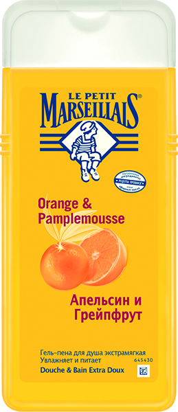Le Petit Marseillais Гель-пена для душа Грейпфрут и апельсин 650мл30340272210 Le Petit Marseillais Гель-пена для душа Грейпфрут и апельсин 650мл30340272210Апельсин – это часть культуры Прованса и символ Средиземноморья. В наших рецептах используются апельсины органического происхождения, выращенные в бассейне Средиземного моря. Гель нежно очищает кожу благодаря экстрамягкой формуле, легко и быстро смывается, оставляя на коже цитрусовый аромат, наполненный тонизирующими и солнечными нотками. Ваша кожа мягкая, свежая, она хорошо увлажнена. Нейтральный для кожи pH / Протестировано дерматологами