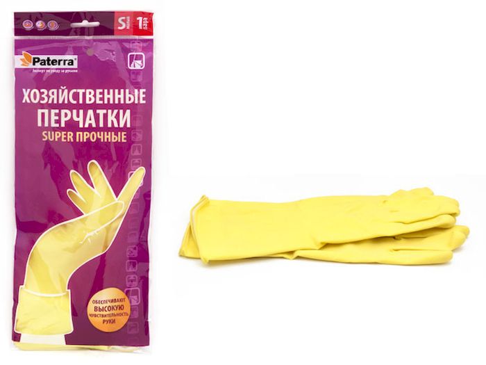 Перчатки хозяйственные Paterra Super прочные. Размер 7 (S)402-393 Перчатки хозяйственные Paterra Super прочные. Размер 7 (S)402-393Хозяйственные перчатки Paterra Super прочные предназначены для защиты рук от воздействия воды, пищевых жиров и бытовых моющих средств. Перчатки прочные и долговечные, выполнены из латекса с внутренним напыление из хлопка, которое препятствует парниковому эффекту ладони. Без резкого запаха резины. Перчатки имеют высокую манжету - 14 см.