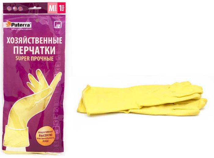 Перчатки хозяйственные Paterra Super прочные. Размер 8 (M)402-394 Перчатки хозяйственные Paterra Super прочные. Размер 8 (M)402-394Хозяйственные перчатки Paterra Super прочные предназначены для защиты рук от воздействия воды, пищевых жиров и бытовых моющих средств. Перчатки прочные и долговечные, выполнены из латекса с внутренним напыление из хлопка, которое препятствует парниковому эффекту ладони. Без резкого запаха резины. Перчатки имеют высокую манжету - 14 см.