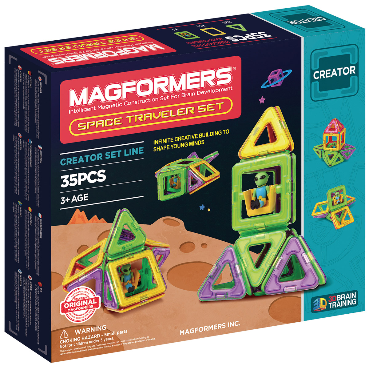 Magformers Магнитный конструктор Space Traveler Set703007 Magformers Магнитный конструктор Space Traveler Set703007Новый набор Magformers Space Traveler посвящен приключениям забавного инопланетянина с планеты Кубоктаэдр. Он путешествует по таинственной галактике Магформерс, где все объекты — геометрические тела, состоящие из квадратов и треугольников. Помогите ему раскрыть все тайны загадочной галактики! Из ярких квадратов и треугaольников необходимо собрать межпланетный транспорт для зеленого человечка. Это может быть космический шаттл, летающая тарелка или ракета. Вы можете подобрать для них форму по своему желанию. Прибыв на планету, изучите вместе с инопланетянином особенности каждой из них. Они имеют различные геометрические формы: куб, октаэдр или тетраэдр. Вы сможете узнать особенности каждой сложной фигуры и из каких простых фигур она состоит. Space Traveler - один из самых увлекательных конструкторов Магформерс. Особенностью набора является фигурка инопланетянина, ранее не встречавшаяся ни в одном другом наборе. В комплект входит иллюстрированное пособие, в...