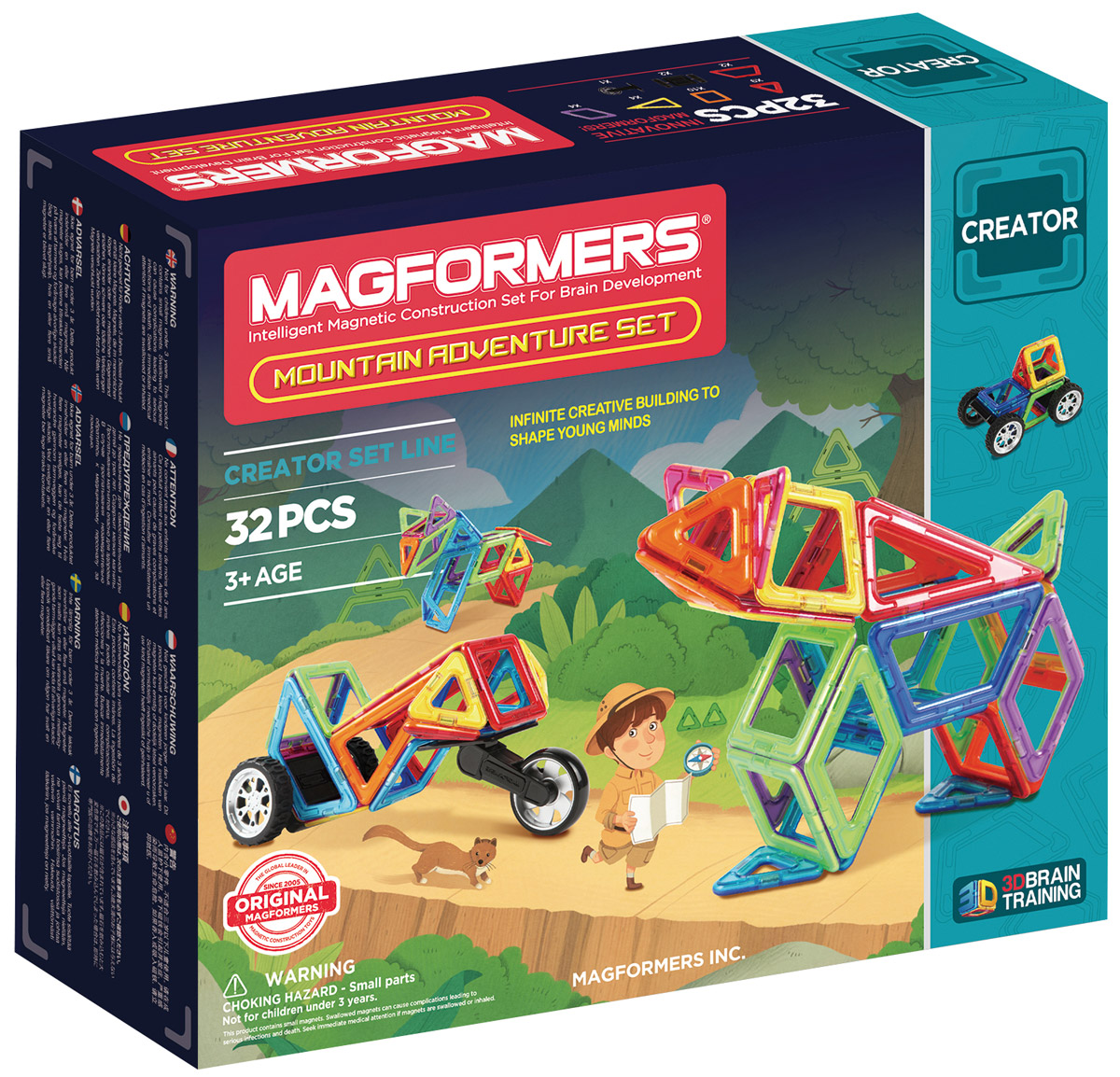 Magformers Магнитный конструктор Adventure Mountain 32 Set703011 Magformers Магнитный конструктор Adventure Mountain 32 Set703011Набор Magformers Mountain Adventure - представитель новой серии, посвященной путешествиям. С ним вы отправитесь покорять неприступные горные вершины. Чтобы передвигаться по крутым и узким горным дорогам, понадобится специальный транспорт. Детали набора позволяют собрать различные внедорожники и горные мотоциклы. Особенностью набора являются крупные двойные колеса и мотоциклетные колеса, незаменимые при путешествии по горной местности. Колеса крепятся особым образом: они вставляются в специальный паз, что придает им дополнительную прочность и возможность покорить гористый рельеф. Помимо техники, из деталей набора можно собрать различных животных, обитающих в горной местности: тигра, волка, медведя и других. К конструктору прилагается красочная Книга идей с подробными схемами сборки транспорта и зверей. Набор Magformers Mountain Adventure станет прекрасным дополнением к уже имеющейся коллекции Магформерс. Набор Magformers Mountain Adventure содержит 32 элемента: ...