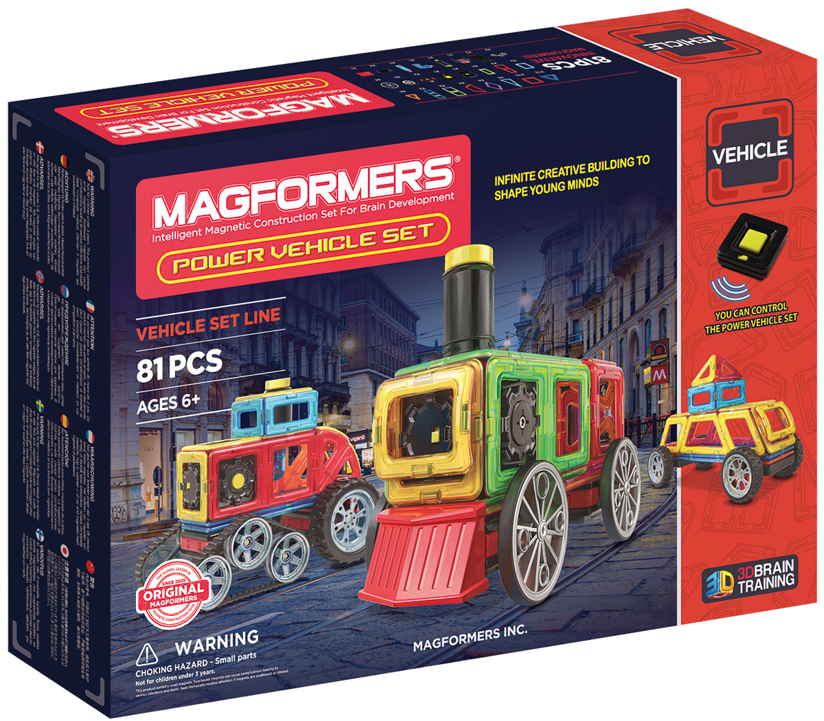 Magformers Магнитный конструктор Power Vehicle Set707011 Magformers Магнитный конструктор Power Vehicle Set707011Набор Маgformers Power Vehicle станет идеальным подарком для юных механиков. В нем представлены три вида колес: гусеницы, большие колеса, паровозные колеса. Кроме того, в комплект входят моторный блок, разнообразные поршни и коннекторы, чтобы привести постройки в движение! С Маgformers Power Vehicle Set ребенок сможет сконструировать самые разнообразные виды транспорта - от паровозы до гоночного автомобиля. В набор также входит пульт дистационного управления, благодаря собранные мадели смогут учавствовать в гонках. Набор Magformers Power Vehicle содержит 81 элемент: треугольник 12 шт. равнобедренный треугольник х 4 шт. квадрат х 10 шт. прямоугольник х 8 шт. суперпрямоугольник х 2 шт. мини-прямоугольник х 4 шт. ромб х 4 шт. трапеция х 4 шт. супер-трапеция х 2 шт. мини-сектор х 4 шт. мини-арка х 2 шт. клик-колеса х 2 шт. крыло колеса х 1 шт. новое большое колесо х 4 шт. новые гусеничные колеса х 2 шт. паровозное колесо х 4 шт. тракторный...