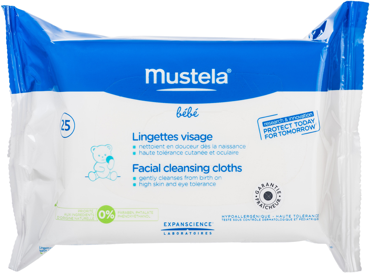 Mustela Очищающие салфетки для лица №25М015/G856 Mustela Очищающие салфетки для лица №25М015/G856Назначение: Для мягкого очищения кожи малыша с рождения. Свойства: Очищающие салфетки для лица гипоаллергенны и имеют нежный аромат. Разработаны для использования с рождения. Бережно очищают кожу лица, оставляя ее мягкой и увлажненной. Не раздражают глазки. Не содержат спирт. Инструкция по использованию: Достаньте салфетку и аккуратно протрите лицо малыша. Делайте это так часто, как это необходимо. После использования хорошо закройте упаковку. Не требует смывания.