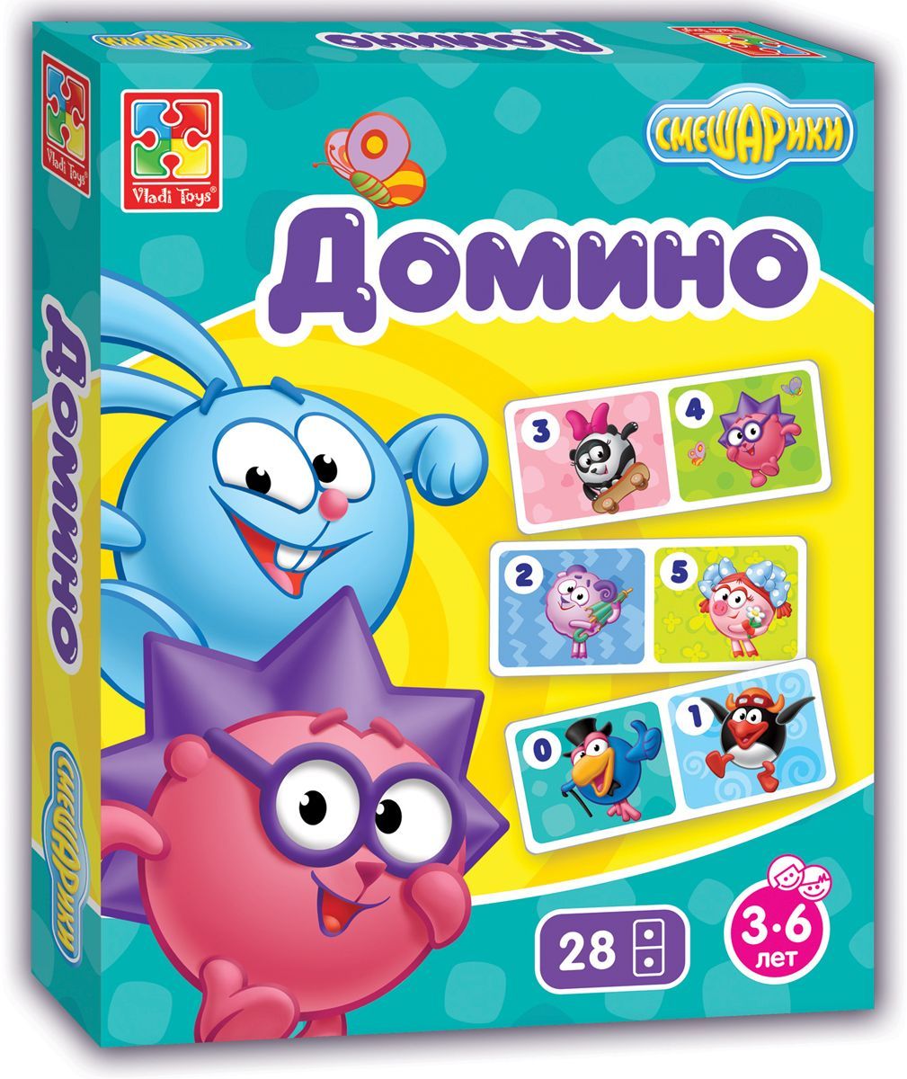 Vladi Toys Обучающая игра Смешарики VT2105-01VT2105-01 Vladi Toys Обучающая игра Смешарики VT2105-01VT2105-01Обучающая игра Vladi Toys Смешарики - веселая игра для семейного досуга. Правила такие же, как и в обычной игре Домино. В комплект входят 28 доминошек. Количество игроков: от 2-х до 4-х.
