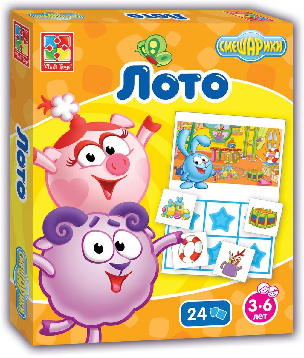 Vladi Toys Обучающая игра Смешарики VT2105-02VT2105-02 Vladi Toys Обучающая игра Смешарики VT2105-02VT2105-02Обучающая игра Vladi Toys Смешарики - веселая игра для семейного досуга. Правила такие же, как и в обычной игре Лото. В комплект входят 4 игровых поля и 24 игровых фишки. Количество игроков: от 2-х до 4-х.
