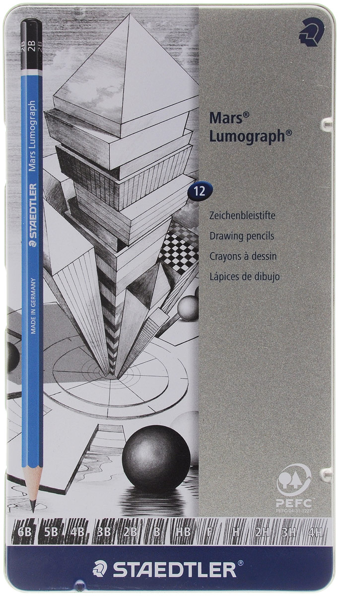 Staedtler Карандаши чернографитные Mars Lumograph 12 шт100G12 Staedtler Карандаши чернографитные Mars Lumograph 12 шт100G12Набор чернографитовых карандашей Mars Lumograph содержит 12 карандашей разной твердости для письма, черчения и набросков на бумаге и матовой чертежной пленке. Карандаши изготовлены из лучших пород дерева, имеют шестигранный корпус. Внутри карандашей - графитовый стержень высокой степени прочности. Непревзойденная устойчивость к поломке достигается благодаря специально разработанному составу грифеля и особой проклейке. В наборе карандаши твердостью 6B, 5B, 4B, 3B, 2B, B, HB, F, H, 2H, 3H, 4H. Карандаши упакованы в практичный металлический футляр. С карандашами торговой марки Staedtler вы всегда можете быть уверены в качестве графических работ.