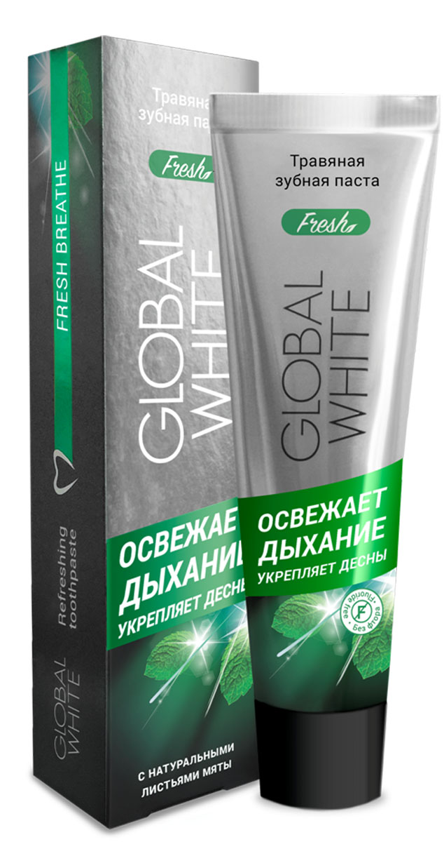 Global White Травяная зубная паста Фреш, 100 мл104 Global White Травяная зубная паста Фреш, 100 мл104Ежедневный уход. Активные компоненты входящие в состав бережно очищают, надолго освежают дыхание и оказывают антисептическое действие. В состав пасты входят натуральные листья мяты. Экстракт крапивы содержит витамины K A C E B5 и микроэлементы, которые способствуют усилению обмена веществ в тканях и стимулируют процессы регенерации в полости рта. Экстракт ромашки способствует предотвращению воспаления тканей дёсен и оказывает успокаивающее и антисептическое действие. Экстракт брусники и зверобоя содержит в составе витамин С и микроэлементы,обладающие бактерицидным и вяжущим свойствами.