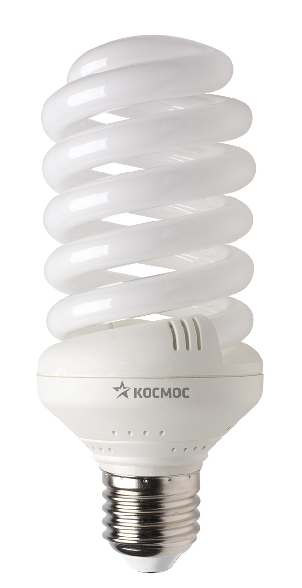 Лампа энергосберегающая Космос, свет: теплый. Модель Т3 SPC 35W E2727LKsmSPC35wE2727 Лампа энергосберегающая Космос, свет: теплый. Модель Т3 SPC 35W E2727LKsmSPC35wE2727Энергосберегающая лампа Космос теплого света способствует расслаблению, ее лучше использовать в спальнях, местах для отдыха. Сфера применения энергосберегающей лампы Космос та же, что и у лампы накаливания, но данная лампа имеет ряд преимуществ: температура колбы ниже, чем у ламп накаливания, что позволяет использовать энергосберегающие лампы в тканевых абажурах без риска их выцветания и возникновения пожара; полностью заменяет галогенные и обычные лампы накаливания. Колба лампы имеет защитное покрытие, препятствующее ультрафиолетовому излучению. Не содержат паров ртути: технология амальгамной дозировки обеспечивает более стабильный поток не только в течение всего срока службы лампы, но также при изменении температуры окружающей среды и рабочего положения лампы. Применение РТС-термистра с положительным коэффициентом температуры, осуществляющего плавный старт лампы, позволяет производить до 500000 включений-выключений лампы, что увеличивает срок службы лампы. Применение...