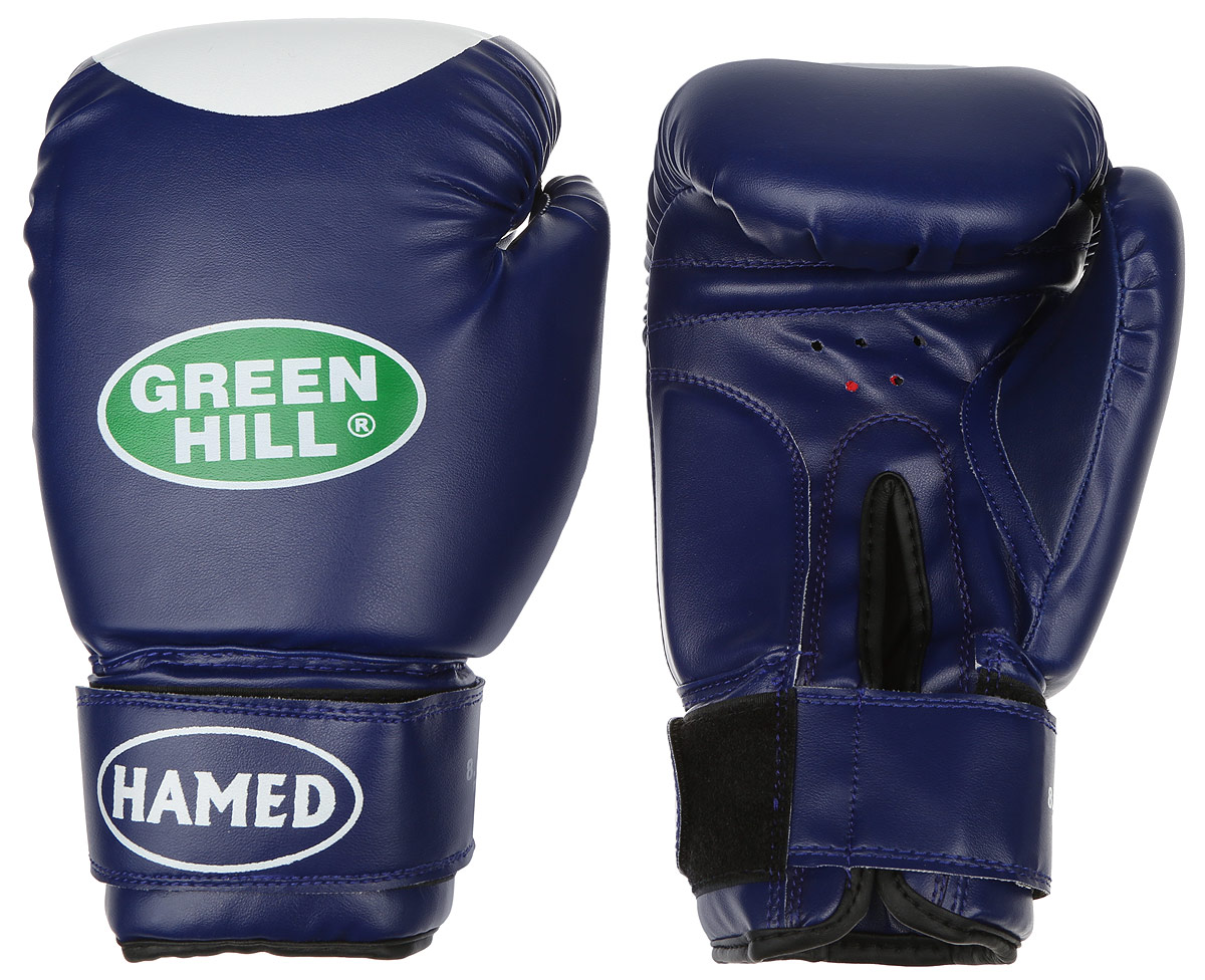 Перчатки боксерские Green Hill Hamed, цвет: синий, белый. Вес 8 унцийBGHT-2036 Перчатки боксерские Green Hill Hamed, цвет: синий, белый. Вес 8 унцийBGHT-2036Боксерские перчатки Green Hill Hamed прекрасно подойдут для прогрессирующих спортсменов. Верх выполнен из искусственной кожи, наполнитель - из пенополиуретана. Перфорированная поверхность в области ладони позволяет создать максимально комфортный терморежим во время занятий. Широкий ремень, охватывая запястье, полностью оборачивается вокруг манжеты, благодаря чему создается дополнительная защита лучезапястного сустава от травмирования. Перчатки прекрасно сидят на руке. Застежка на липучке способствует быстрому и удобному надеванию перчаток, плотно фиксирует перчатки на руке.