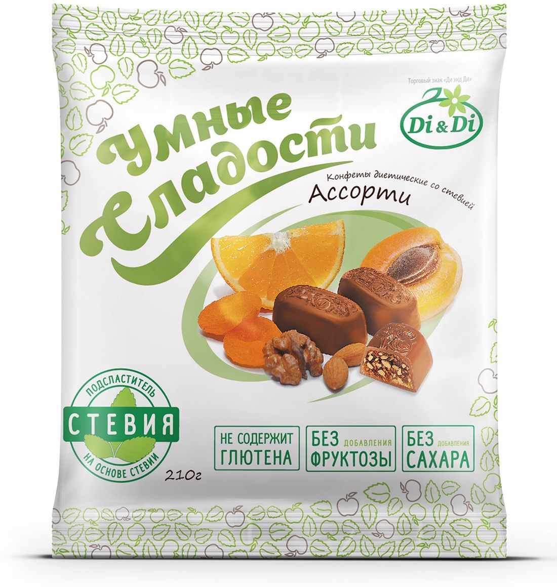 Умные сладости конфеты со стевией ассорти, 210 г4650061331603 Умные сладости конфеты со стевией ассорти, 210 г4650061331603Продукт обладает высокой питательной ценностью, не содержит глютена, предназначен для всех категорий населения. Противопоказания: индивидуальная непереносимость молочного белка, лецитина соевого и орехов. Содержит подсластитель. При чрезмерном употреблении может оказывать слабительное действие (суточная доза потребления изомальта 30 г). Продукт может содержать фрагменты фруктовых косточек.
