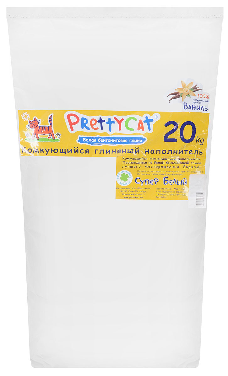 Наполнитель для кошачьих туалетов PrettyCat Супер белый, комкующийся, с ароматом ванили, 20 кг620253 Наполнитель для кошачьих туалетов PrettyCat Супер белый, комкующийся, с ароматом ванили, 20 кг620253Наполнитель для кошачьих туалетов PrettyCat Супер белый - это 100% натуральный комкующийся наполнитель. Изготовлен из белой бентонитовой глины лучшего европейского качества. Впитывает до 400% влаги, прекрасно комкуется в идеально ровные шарики. Благодаря способности моментально образовывать крепкие комки, он обеспечит необходимую гигиену в кошачьем туалете, а также значительно упростит процесс уборки. Наполнитель изготовлен из экологически чистого материала, поэтому будет напоминать вашему питомцу о естественной среде обитания, а вам не доставит лишних хлопот по уходу за своим любимцем. Приятный аромат ванили создаст дополнительное ощущение свежести при использовании. Состав: белая бентонитовая глина. Вес: 20 кг. Товар сертифицирован.