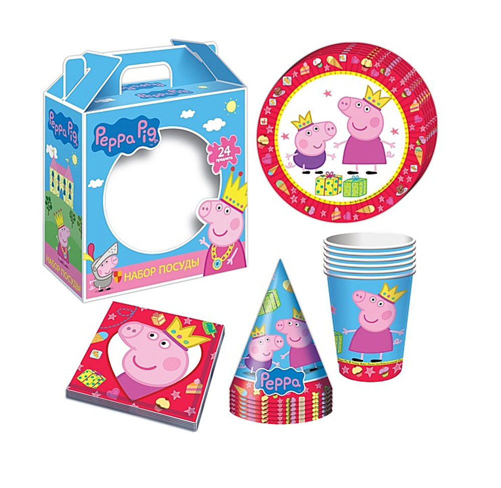 Peppa Pig Набор бумажной посуды и аксессуаров Пеппа-принцесса 24 предмета28567 Peppa Pig Набор бумажной посуды и аксессуаров Пеппа-принцесса 24 предмета28567С набором одноразовой посуды и аксессуаров Peppa Pig Пеппа-принцесса день рождения ребенка станет по-настоящему незабываемым! Красочный дизайн с веселой свинкой поднимет настроение всем: и детям, и даже взрослым. Колпачки помогут организовать множество увлекательных игр. А красивая посуда и салфетки украсят стол и принесут практическую пользу: одноразовые тарелки и стаканы почти невесомы, не могут разбиться, их не надо мыть. Выполненная из бумаги, такая посуда абсолютно безопасна и, благодаря специальному покрытию, прекрасно удерживает еду и напитки. В наборе 24 предмета на 6 персон: 6 тарелок диаметром 18 см, 6 стаканов объемом 210 мл, 6 бумажных колпачков на резинках, 6 бумажных салфеток.