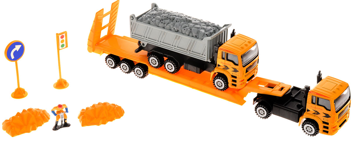 Junfa Toys Автовоз инерционный с самосвалом F11_камаз 2F11_камаз 2 Junfa Toys Автовоз инерционный с самосвалом F11_камаз 2F11_камаз 2Инерционный автовоз с самосвалом Junfa Toys позволит ребенку организовать импровизированную стройку. Высокая детализация машинок, выполненных в масштабе 1:50 к настоящей технике, сделает игру с ними еще интересней. Кабины машинок изготовлены из металла, кузов и колеса - из пластика. В комплект также входит фигурка строителя, два дорожных знака, две кучи песка. Кузов самосвала поднимается, пандус автовоза опускается, полуприцеп отсоединяется. Автовоз и самосвал оснащены инерционным механизмом. Достаточно немного отвести машинки назад, а затем отпустить, и они быстро поедут вперед. Сделайте вашему ребенку такой замечательный подарок!