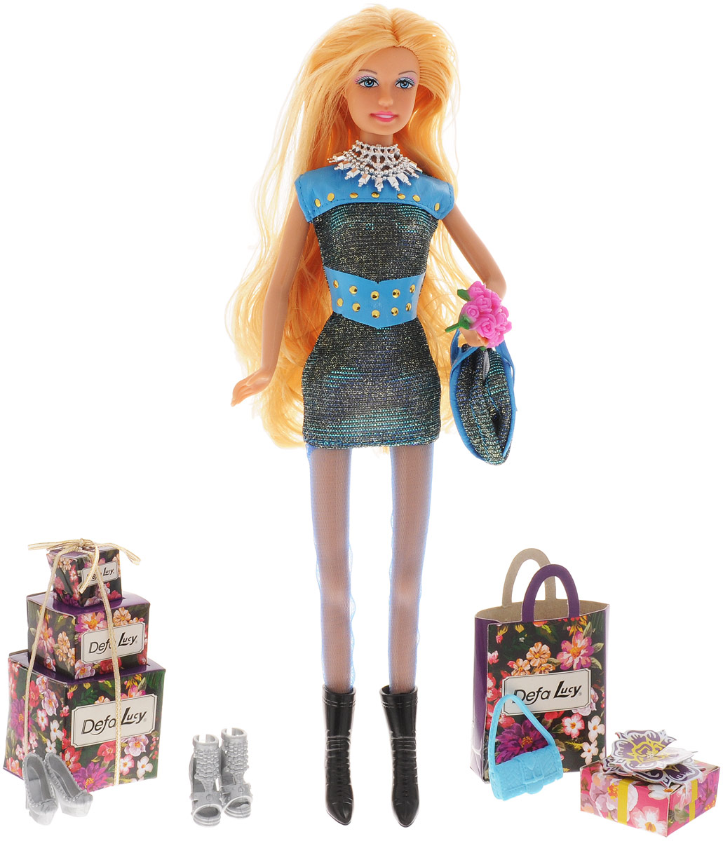 Defa Кукла Lucy Shopping Spree цвет наряда голубой8285d_голубой Defa Кукла Lucy Shopping Spree цвет наряда голубой8285d_голубойКукла Defa Lucy. Shopping Spree обязательно понравится любой девочке и позволит ей погрузиться в сказочный мир волшебства. Очаровательная куколка одета в короткое блестящее платье и сетчатые колготки. На ногах у Lucy - черные сапожки на каблуках. Вашей дочурке непременно понравится расчесывать и заплетать длинные светлые волосы куклы. В комплект с куклой входят дополнительные аксессуары, которые разнообразят игры. Люси может менять обувь, сумочки и бижутерию. В наборе имеются и подарочные картонные коробки и картонная сумка для модных покупок. Руки, ноги и голова куклы подвижны, благодаря чему ей можно придавать различные позы. Благодаря играм с куклой ваша малышка сможет развить фантазию и любознательность, овладеть навыками общения и научиться ответственности.