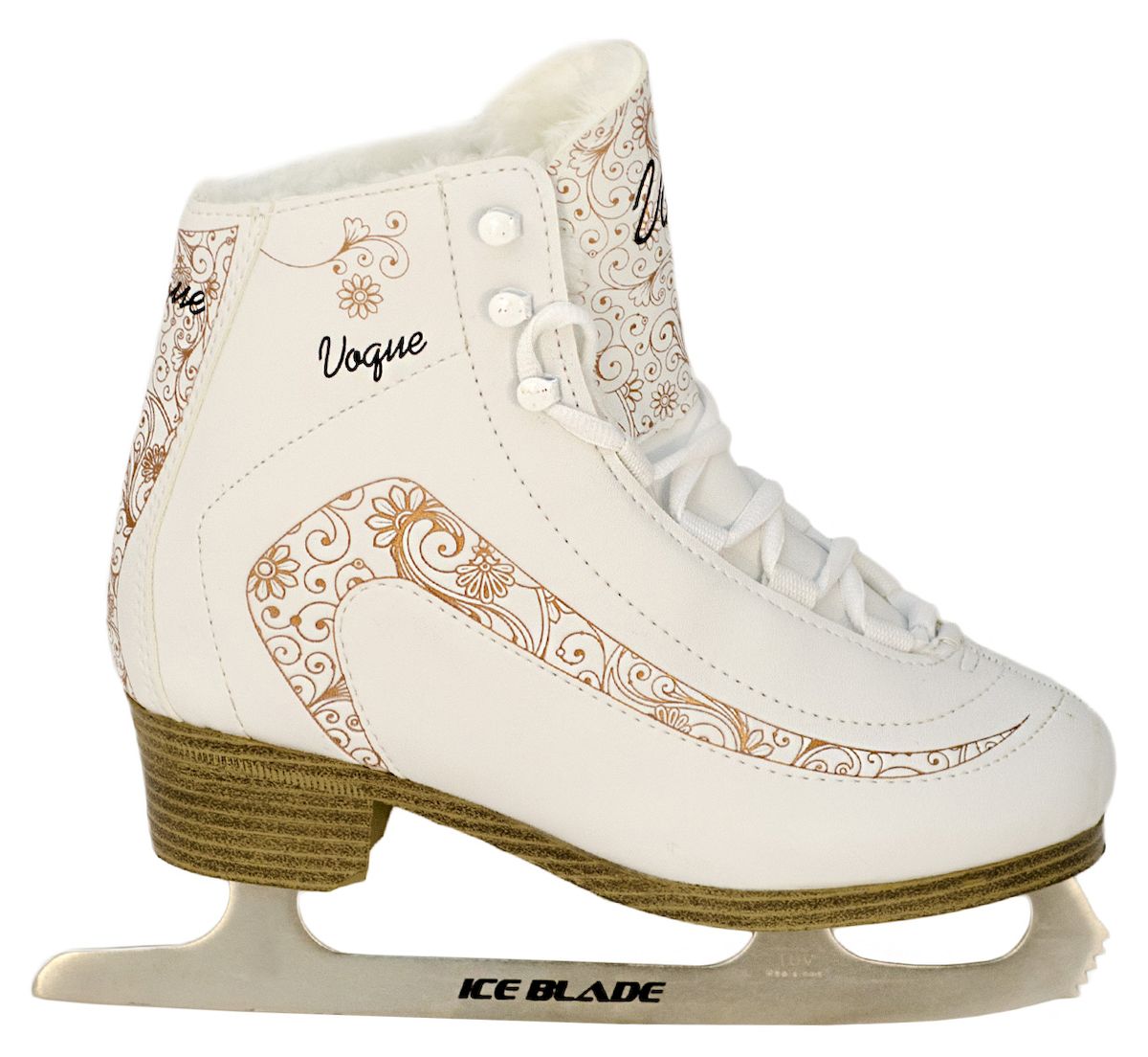 Коньки фигурные Ice Blade Vogue, цвет: белый, золотой. УТ-00006871. Размер 40УТ-00006871 Коньки фигурные Ice Blade Vogue, цвет: белый, золотой. УТ-00006871. Размер 40УТ-00006871Модные коньки Ice Blade Vogue предназначены для любительского фигурного катания. Коньки Vogue полностью соответствуют своему названию Vogue, что в переводе означает мода, популярность. Данная модель сочетает в себе позолоченный дизайн, модные манжеты, закрывающие шнурки от попадания снега, и сделанную под кожу подошву и каблук. Ботинок имеет анатомическую конструкцию и выполнен из высококачественной искусственной кожи, покрытой полиуретаном, защищающего от влаги. Внутренняя набивка имеет подкладку из искусственного меха. Коньки поставляются с заводской заточкой лезвия, что позволяет сразу приступить к катанию, не тратя время и денег на заточку. Коньки подходят для использования на открытом и закрытом льду. Основные характеристики: Назначение: фигурные коньки Тип фиксации: шнурки (наличие крючков) Дополнительные характеристики: Материал ботинка: искусственная кожа высокого качества Внутренняя отделка: искусственный мех ...