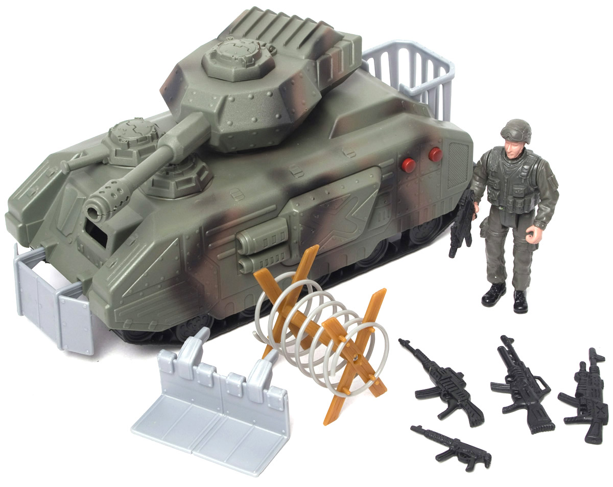 Boley Игровой набор Военные31297 Boley Игровой набор Военные31297Игровой набор Boley Военные - отличный подарок для каждого мальчика к любому празднику! С ним ребенок сможет затеять увлекательную сюжетно-ролевую игру на военную тематику, одну из самых популярных среди мальчиков. В набор входит большой танк, фигурка солдата, 5 единиц стрелкового оружия, заграждение и два сменных противоминных плуга. Башня танка поворачивается, люк открывается, имеются звуковые эффекты стрельбы, которые активируются двумя кнопками на боковой броне танка. У фигурки сгибаются руки и ноги, голова поворачивается. Все предметы выполнены из высококачественных, экологически чистых материалов, совершенно безопасных для ребенка. Игровой набор выглядит ярко и очень эффектно. Для работы игрушки необходимы 3 батарейки типа AG13 напряжением 1,5V (товар комплектуется демонстрационными).