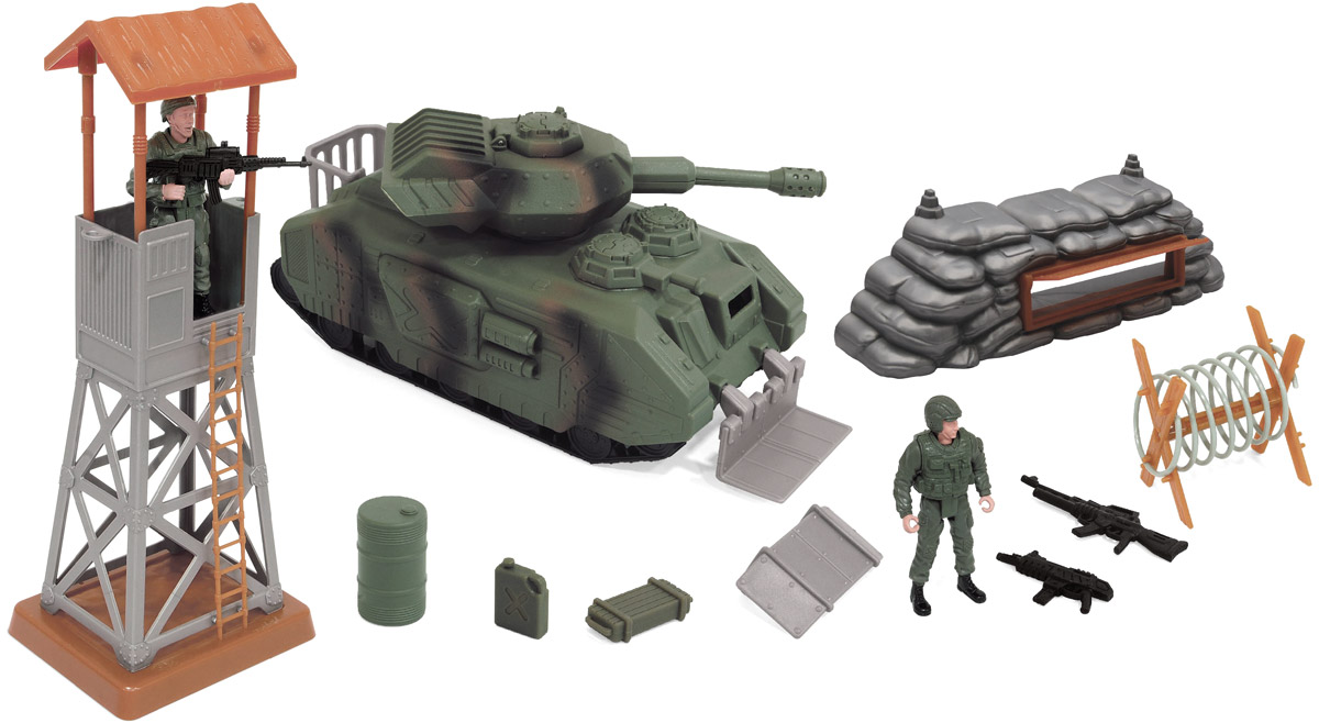 Boley Игровой набор Военные 3151131511 Boley Игровой набор Военные 3151131511Игровой набор Boley Военные - отличный подарок для каждого мальчика к любому празднику! С ним ребенок сможет затеять увлекательную сюжетно-ролевую игру на военную тематику, одну из самых популярных среди мальчиков. В набор входит большой танк, 2 фигурки солдат, 3 единицы стрелкового оружия, наблюдательная вышка, заграждение, 2 сменных противоминных плуга, элемент дзота с амбразурой, бочка, канистра, ящик с боеприпасами. Башня танка поворачивается, люк открывается, имеются звуковые эффекты стрельбы, которые активируются двумя кнопками на боковой броне танка. У фигурок сгибаются руки и ноги, головы поворачиваются. Все предметы выполнены из высококачественных, экологически чистых материалов, совершенно безопасных для ребенка. Игровой набор выглядит ярко и очень эффектно. Для работы игрушки необходимы 3 батарейки типа AG13 напряжением 1,5V (товар комплектуется демонстрационными).