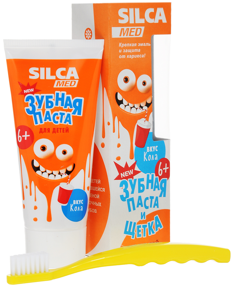 Silca Med Зубная паста детская со вкусом колы + Зубная щетка с 6 лет цвет желтый600033_желтый Silca Med Зубная паста детская со вкусом колы + Зубная щетка с 6 лет цвет желтый600033_желтыйЗубная паста Silca Med подойдет для детей с начавшейся заменой молочных зубов. Активный кальций укрепляет эмаль, а фтор надежно защищает от кариеса. Липа и ромашка снижают дискомфорт десен, мягко ухаживают за полостью рта. Зубная щетка с головкой оптимальной формы идеально подходит для детей с 2 лет. Щетина изготовлена из высококачественного волокна и имеет специальные закругления на концах, чтобы не травмировать десны ребенка. Эргономичная ручка с волнистой поверхностью обеспечит надежную фиксацию пальчиков. Товар сертифицирован.