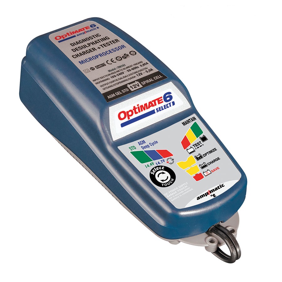 Зарядное устройство OptiMate 6 Select. TM190TM190 Зарядное устройство OptiMate 6 Select. TM190TM190Многоступенчатое зарядное устройство Optimate от бельгийской компании TecMate с режимами тестирования, восстановления глубокоразряженных аккумуляторных батарей, десульфатации и хранения. Управление полностью автоматическое микропроцессорное, переключение режимов 14,4В и 14,7В сенсорной кнопкой. Заряжает все типы 12В свинцово-кислотных аккумуляторных батарей, в т.ч. AGM, GEL. Защита от короткого замыкания, переполюсовки, искрообразования, перегрева. Оптимизирует срок службы и здоровье аккумуляторной батареи. Гарантия 3 года (замена на новое изделие). Влагозащищенный корпус. Рекомендовано 10-ю ведущими производителями мототехники. Optimate 6 select рекомендуется для АКБ от 3Ач до 200 Ач. Ток заряда 0,4 - 5,0А. Старт зарядки АКБ от 0,5В. Температурный режим -40...+40С. В комплект устройства входят аксессуары O11 кольцевой разъем постоянного подключения и O4 зажимы типа крокодил. Optimate 6 select имеет дополнительный режим источника питания, для замещения аккумуляторной батареи во время...