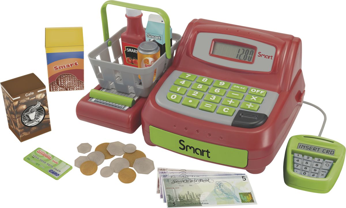 HTI Кассовый аппарат1684073.00 HTI Кассовый аппарат1684073.00Кассовый аппарат Smart. Настоящий жк-экран, игровые деньги и карточки, набор игровых продуктов, корзинка для покупок. Необходимы батарейки: 2xAA (в комплекте). Для детей от 3-х лет. Высота игрушки в собранном виде 12 см. Размер в собранном виде: 26,7х18,2х12